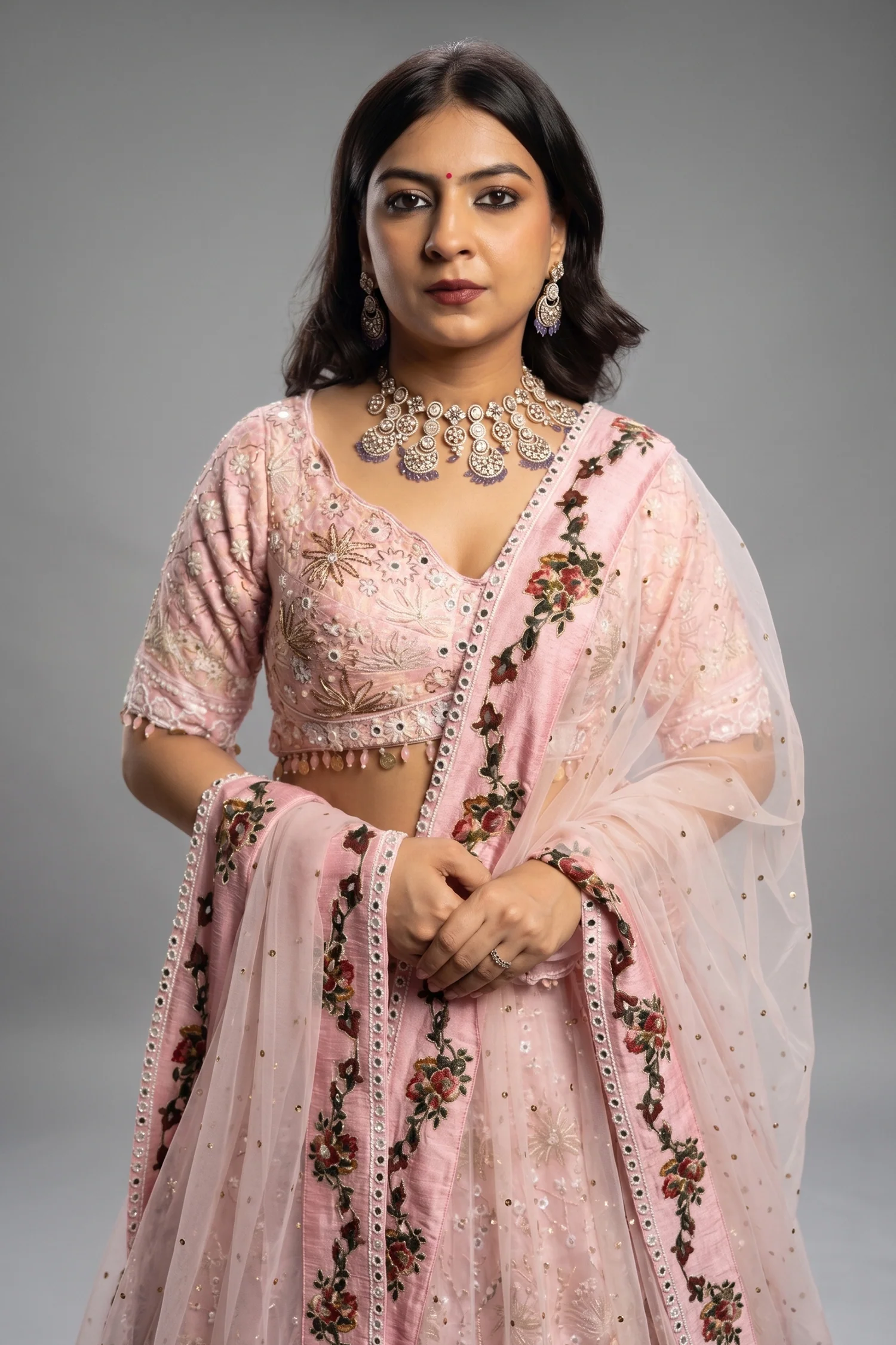 Light Pink Silk Designer Beaded Worked Lehenga - Image 5