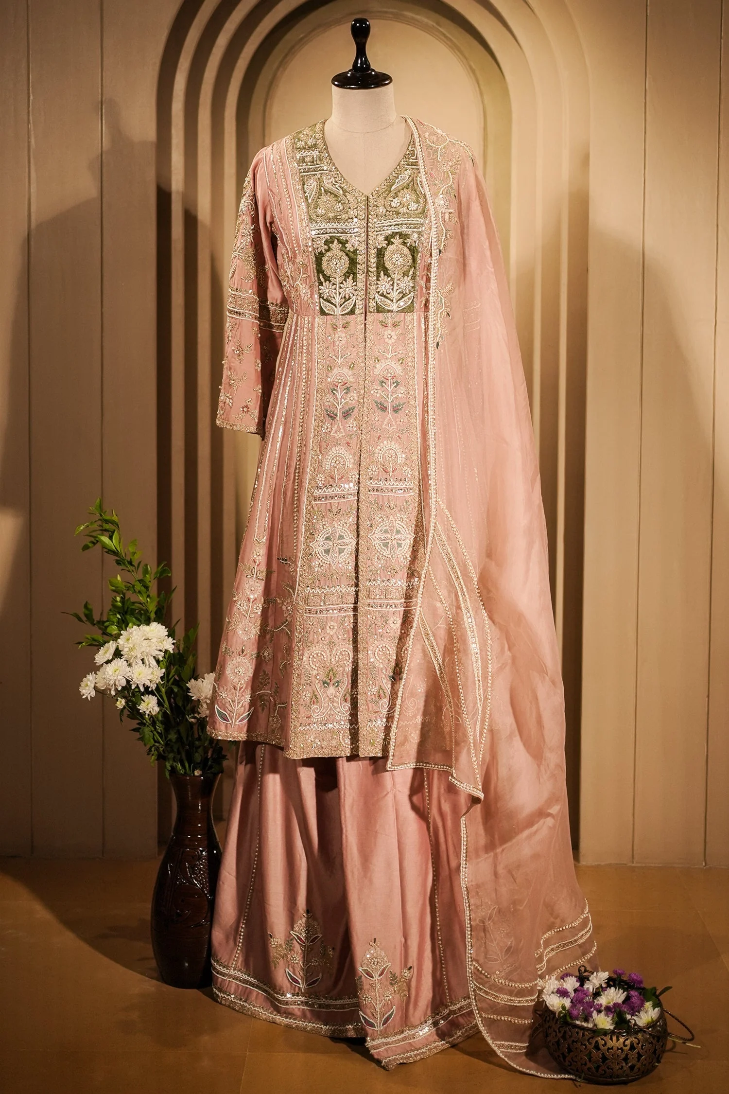 Light Pink Silk Designer Zardosi and Beads Worked Palazzo Suit - Image 2