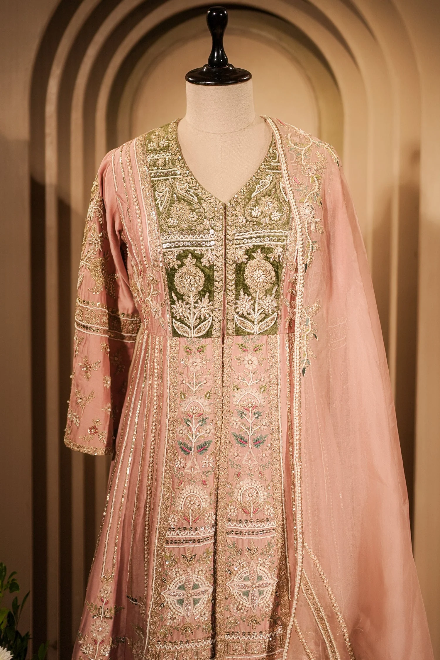 Light Pink Silk Designer Zardosi and Beads Worked Palazzo Suit - Image 3
