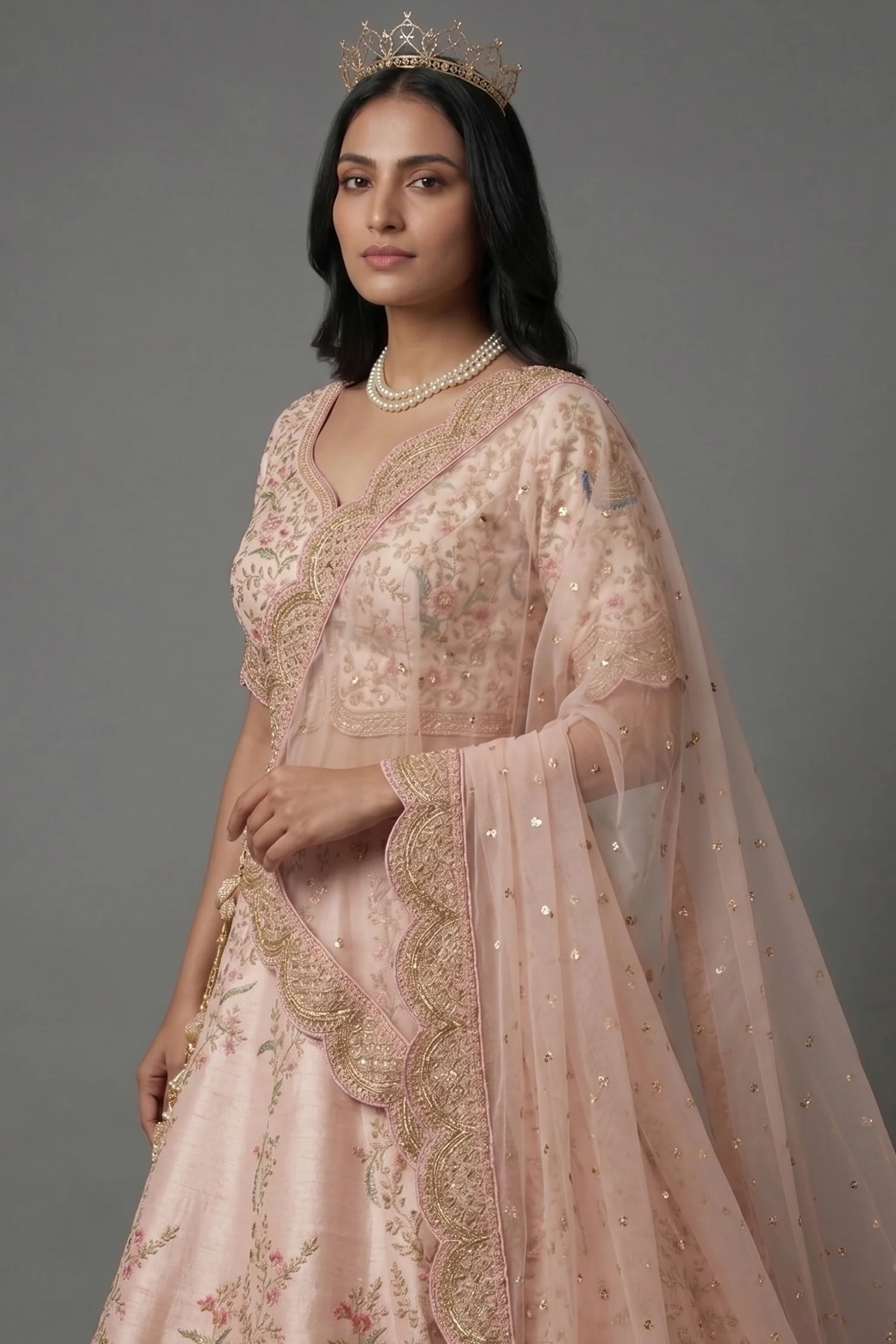 Light Pink Silk Peacock Motifs Zardosi and Sequin Worked Lehenga with Scalloped Border - Image 2