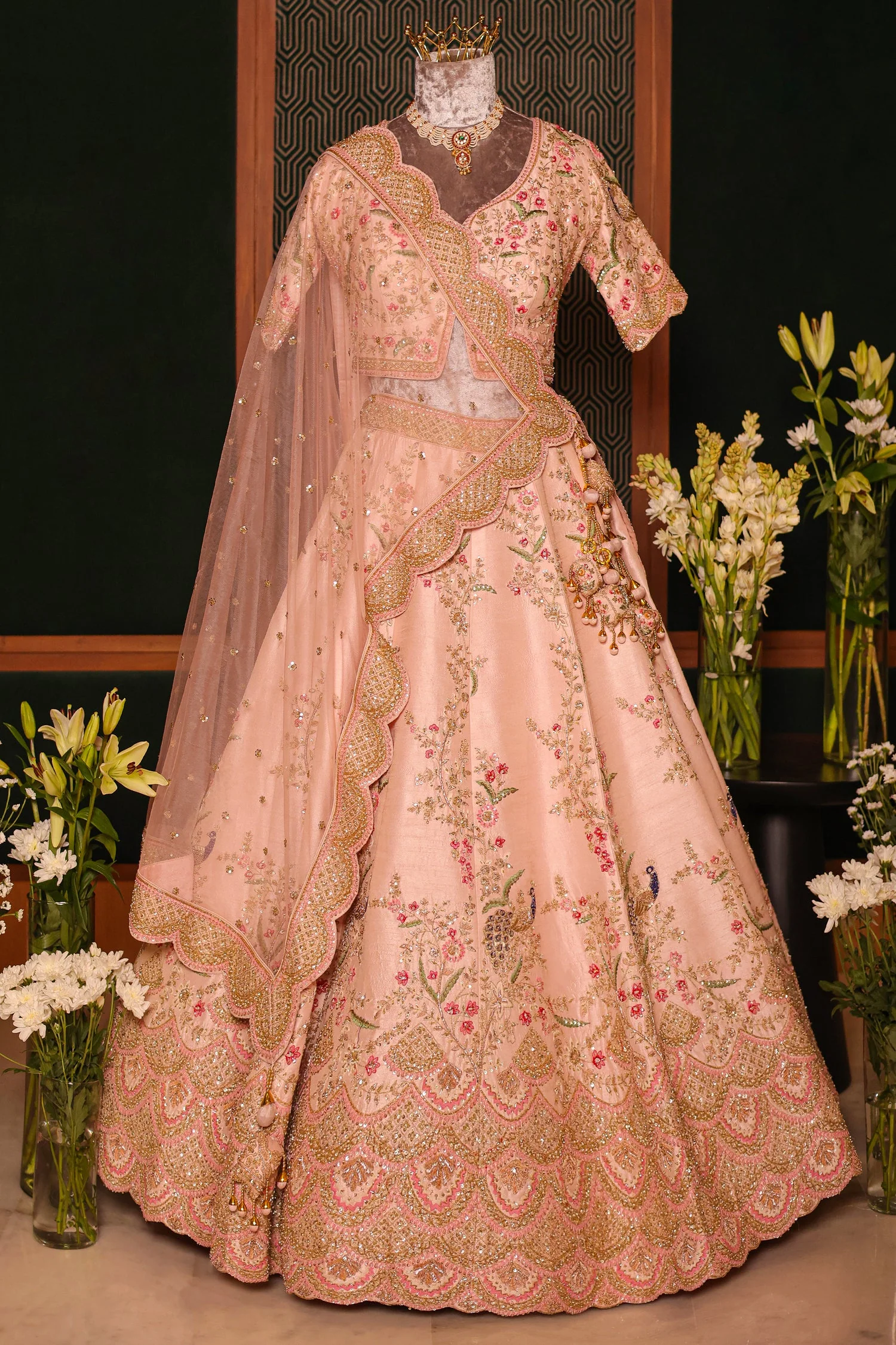Light Pink Silk Peacock Motifs Zardosi and Sequin Worked Lehenga with Scalloped Border - Image 3