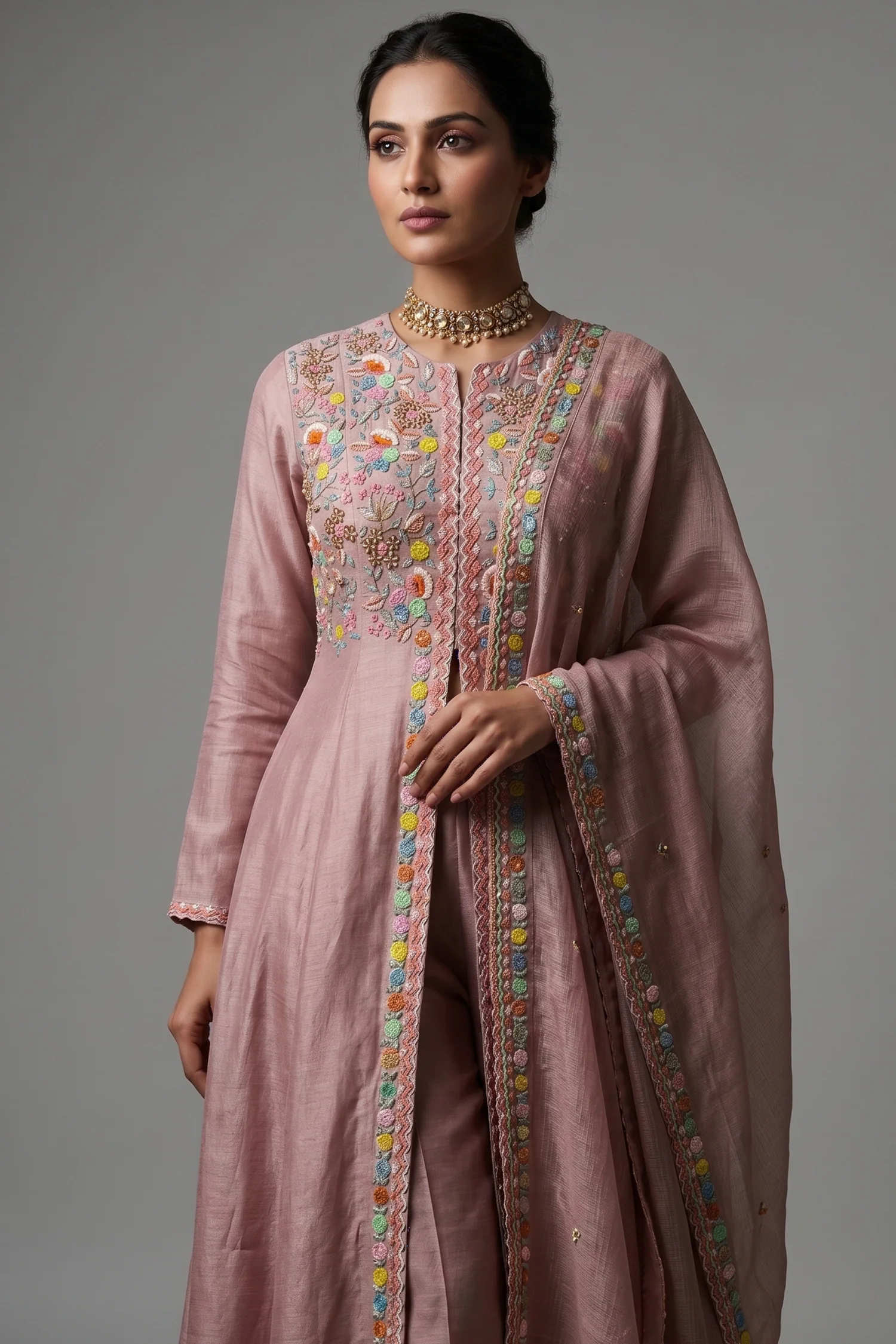 Light Pink Tissue Beaded and Sequin Worked Slit Cut Palazzo Suit - Image 2