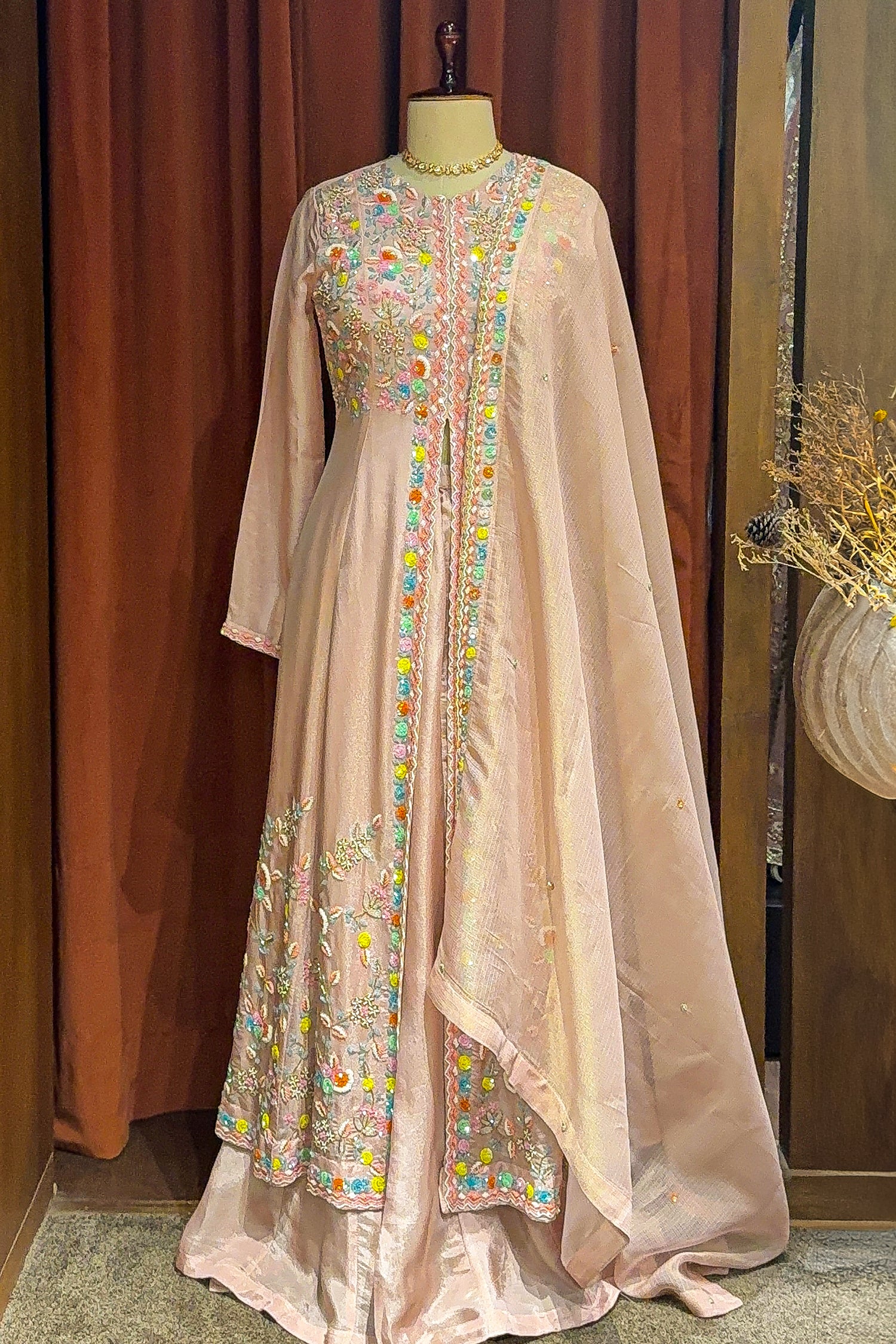 Light Pink Tissue Beaded and Sequin Worked Slit Cut Palazzo Suit - Image 3