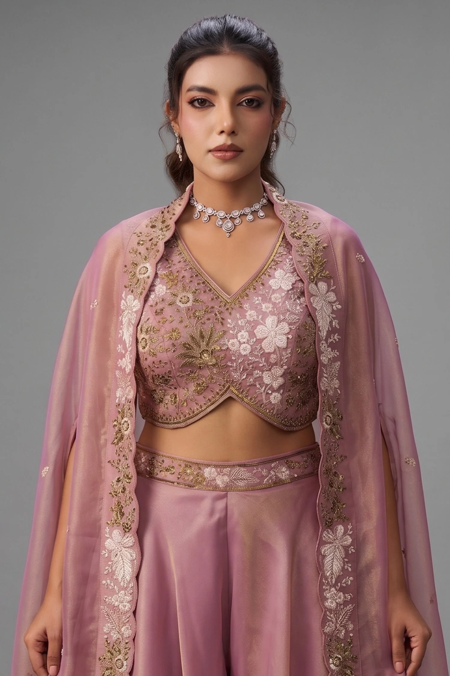 Light Pink Tissue Beads Embroidered Crop Top with Cape and Flared Palazzo Set - Image 2