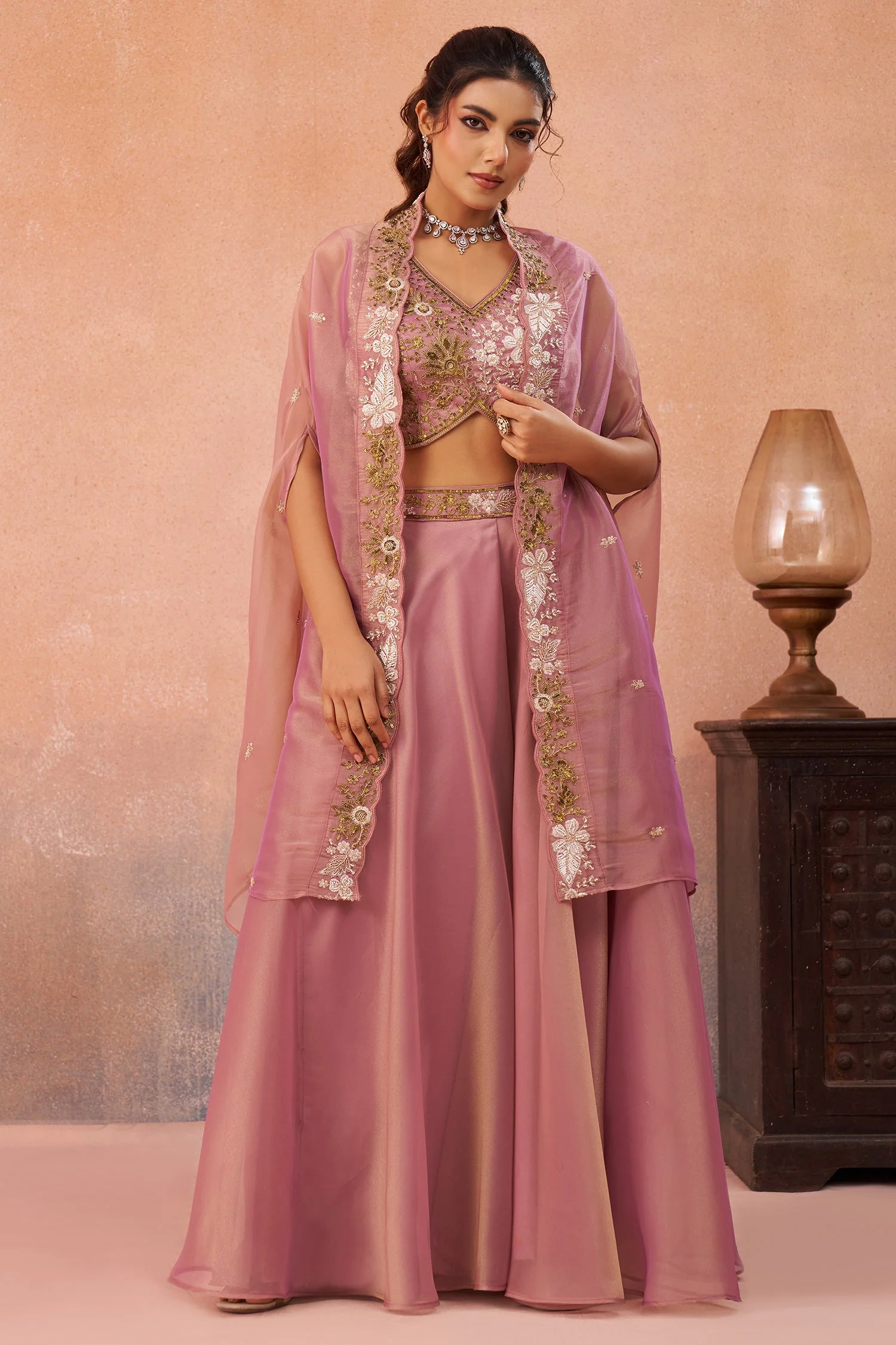 Light Pink Tissue Beads Embroidered Crop Top with Cape and Flared Palazzo Set - Image 3