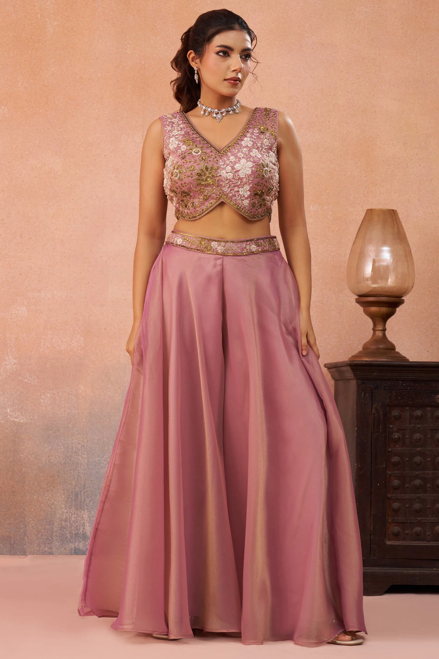Light Pink Tissue Beads Embroidered Crop Top with Cape and Flared Palazzo Set - Image 4