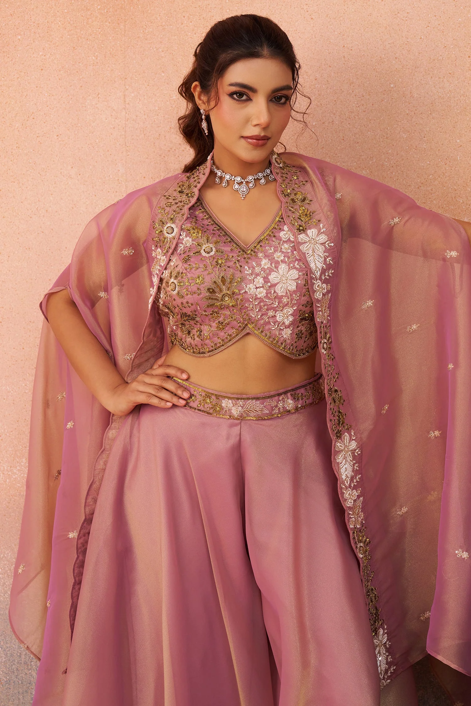 Light Pink Tissue Beads Embroidered Crop Top with Cape and Flared Palazzo Set - Image 5