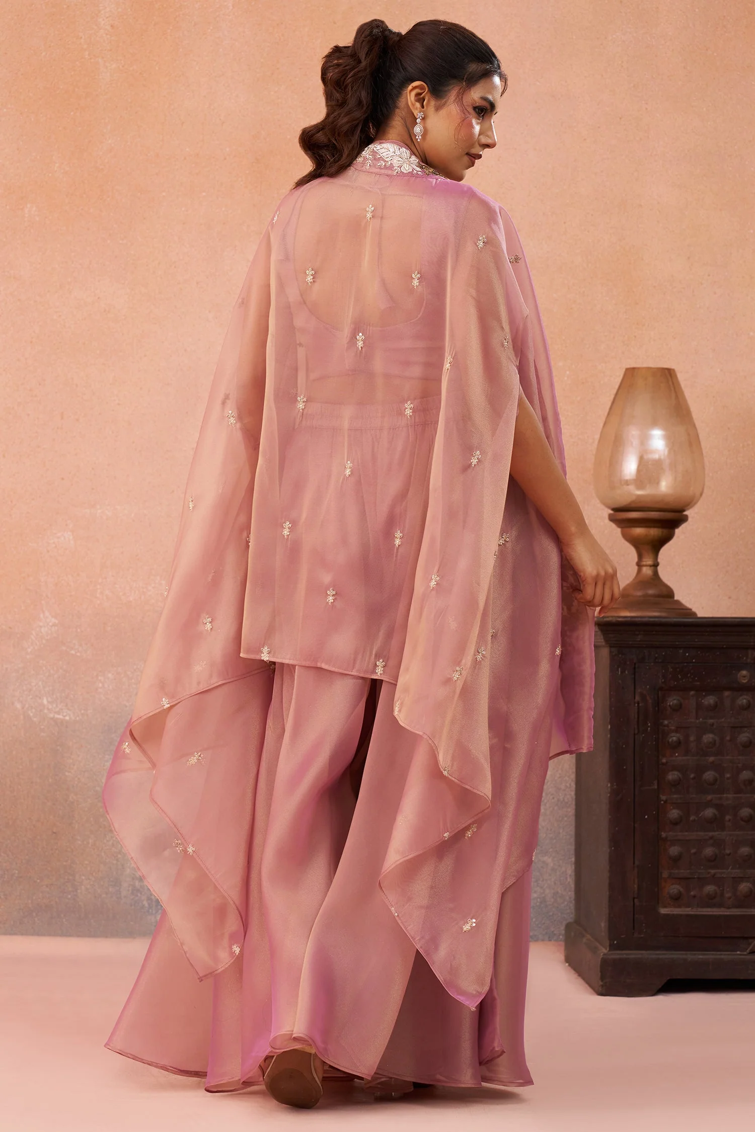Light Pink Tissue Beads Embroidered Crop Top with Cape and Flared Palazzo Set - Image 6