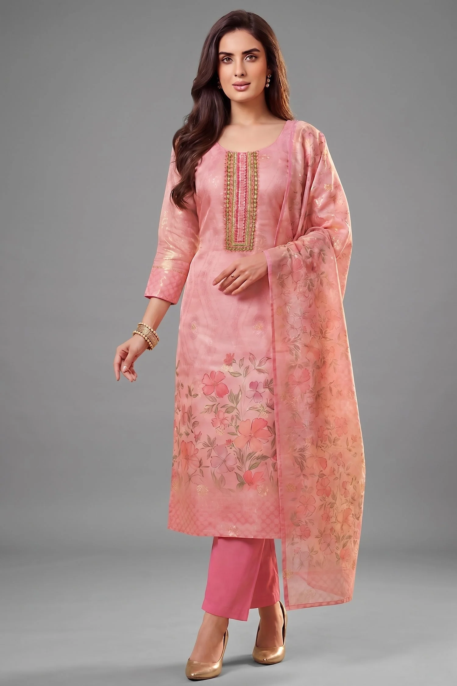 Light Pink Tissue Floral Printed Straight Cut Suit