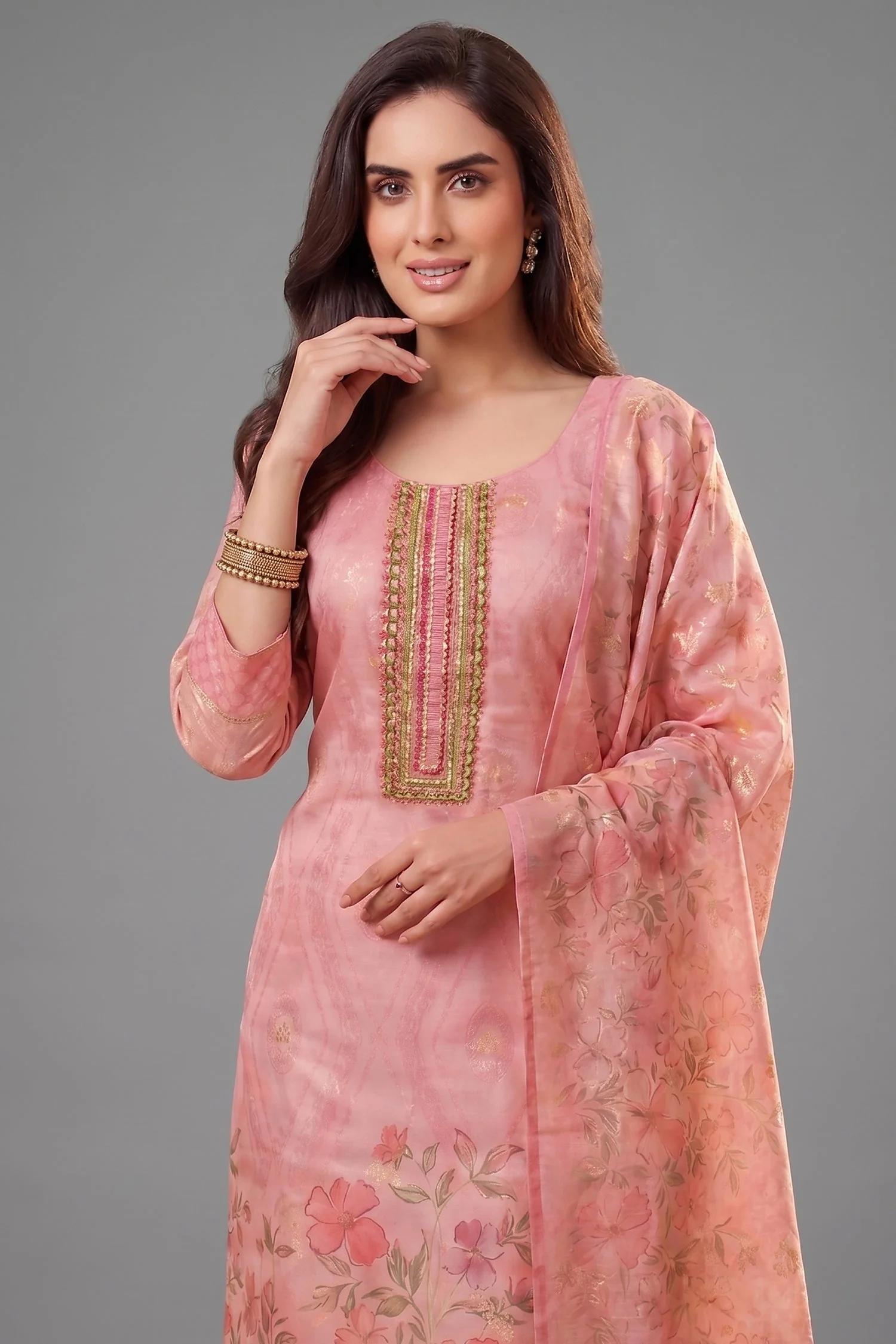 Light Pink Tissue Floral Printed Straight Cut Suit - Image 2