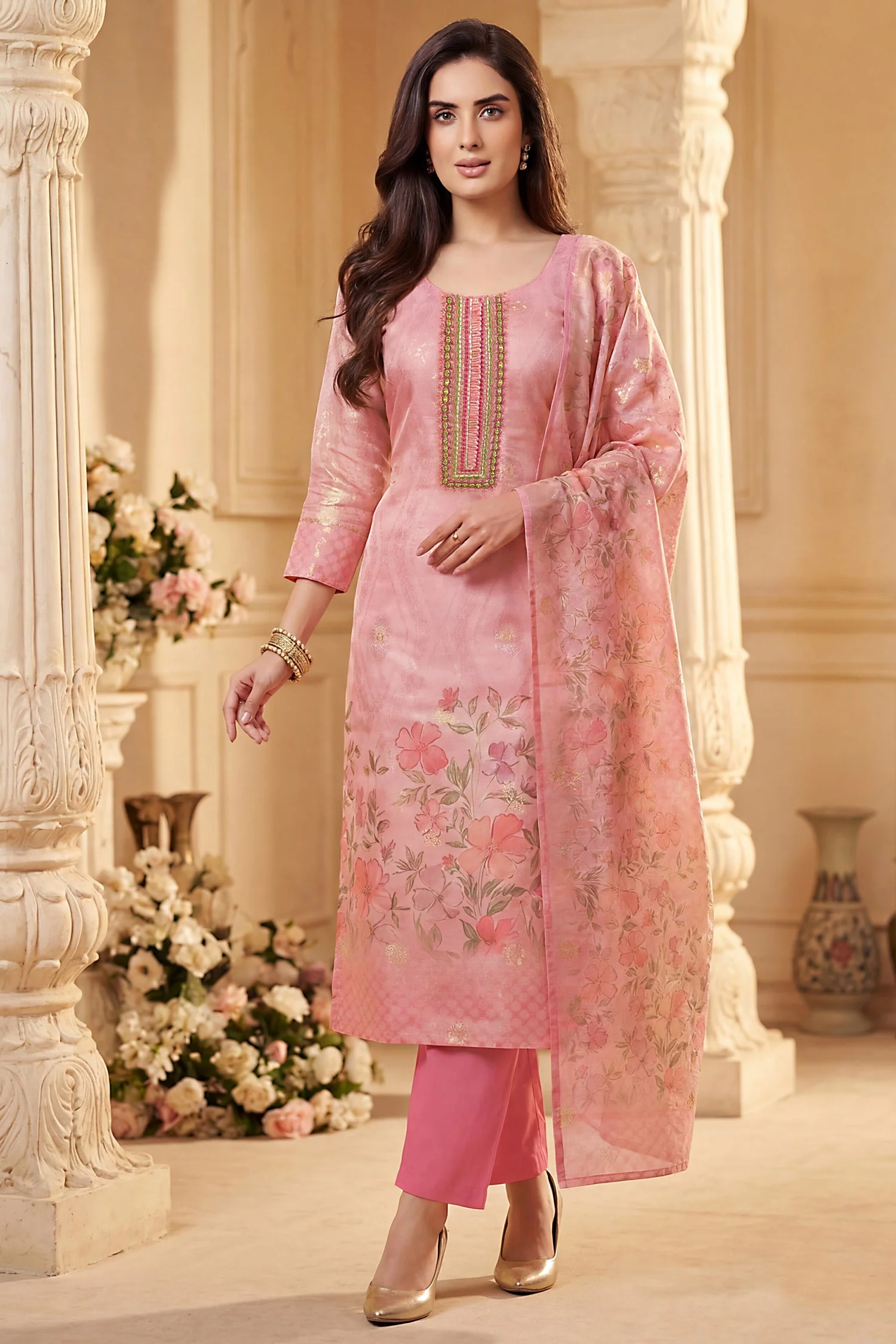 Light Pink Tissue Floral Printed Straight Cut Suit - Image 3