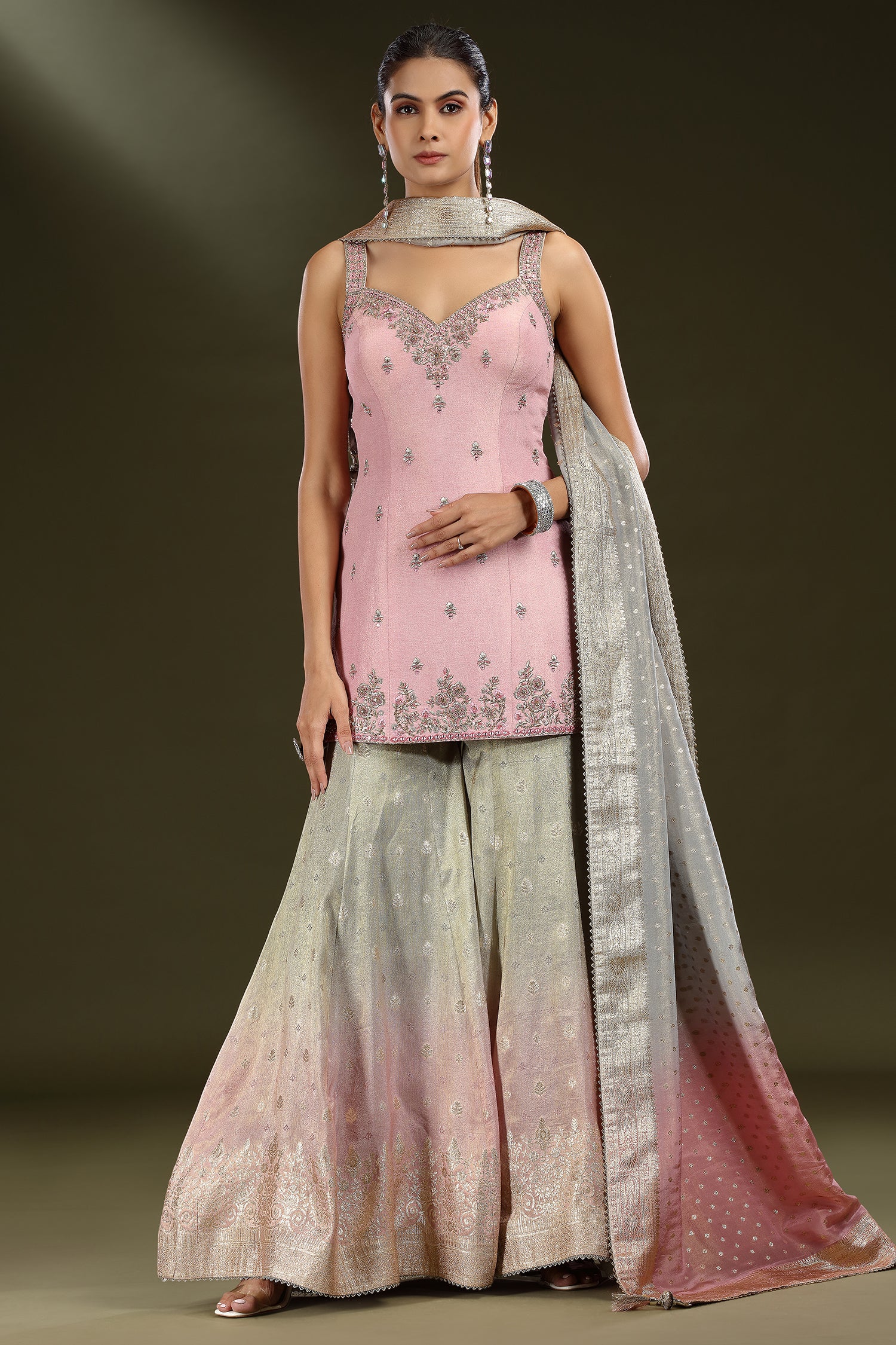 Light Pink Tissue Sequin and Mirror Worked Palazzo Suit - Image 2