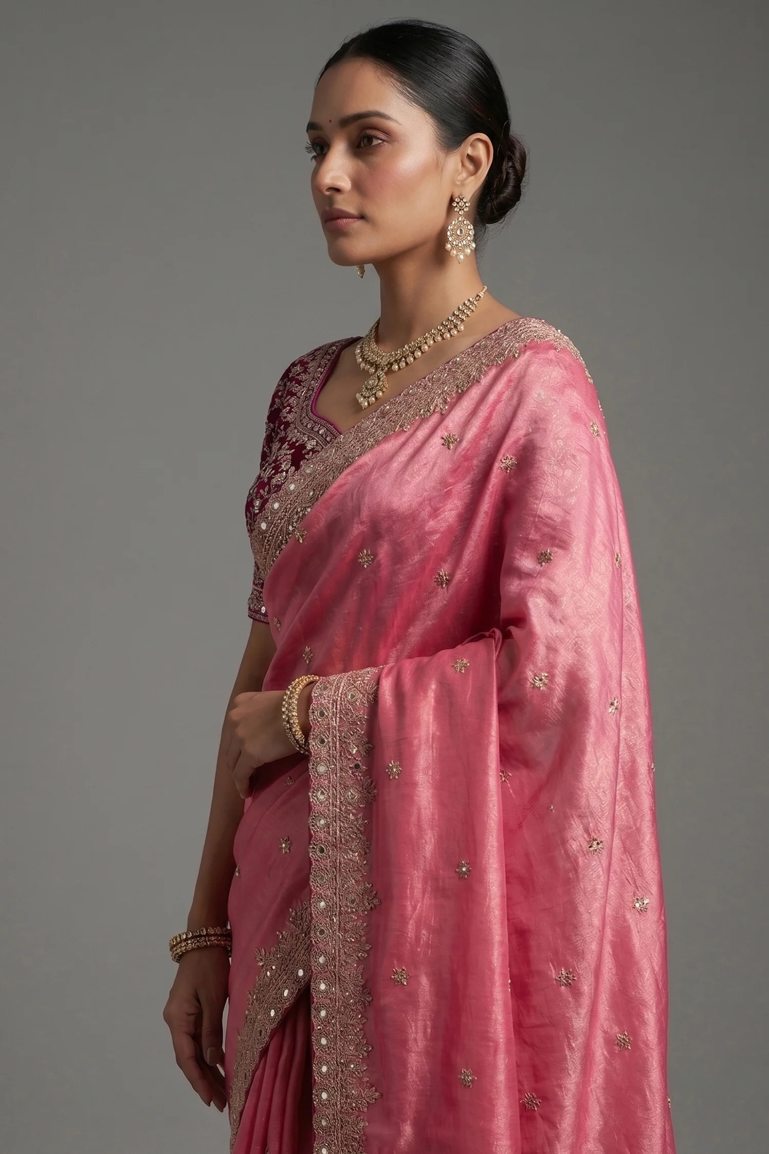 Light Pink Tissue Silk Gota Worked Saree with Readymade Blouse - Image 2