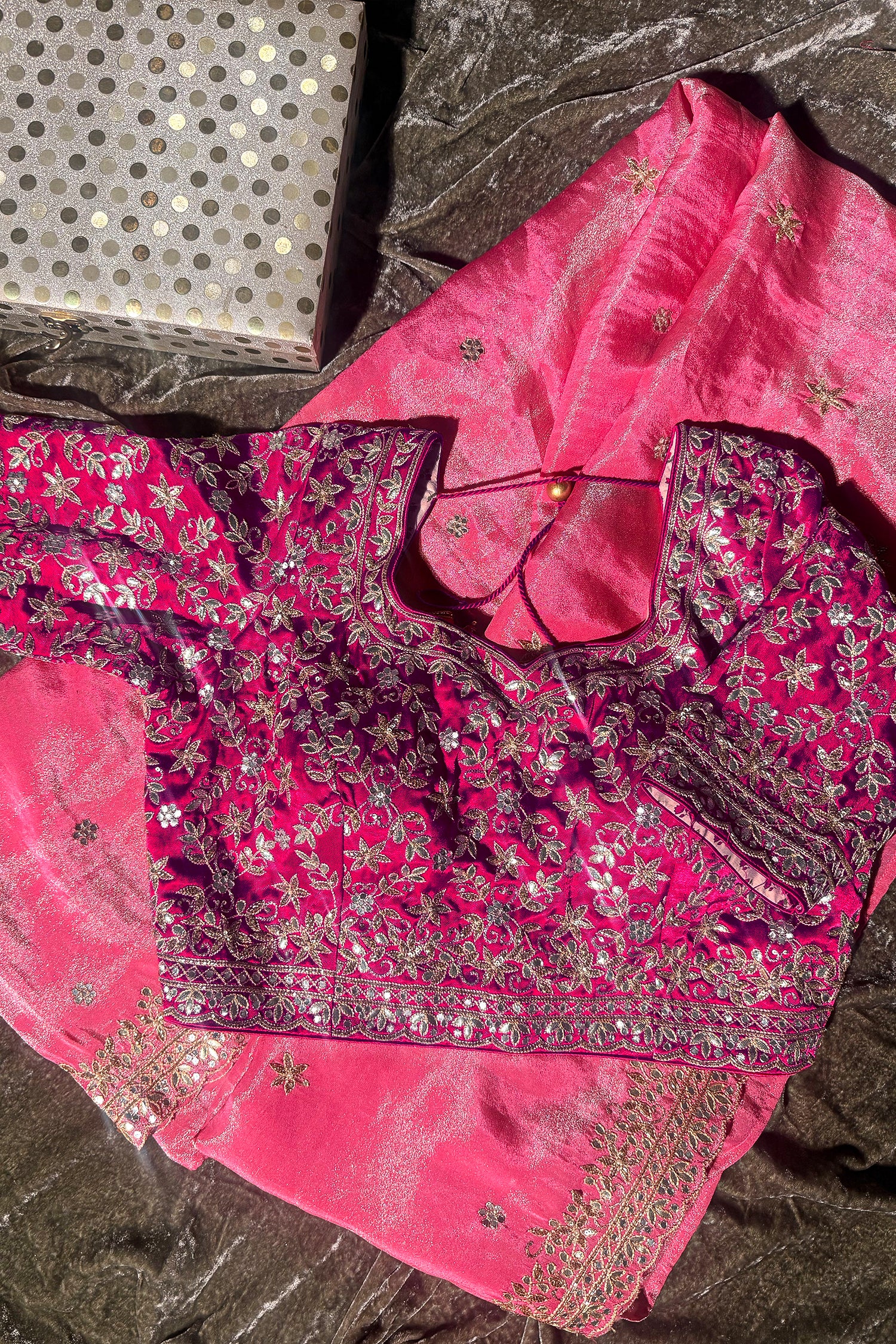 Light Pink Tissue Silk Gota Worked Saree with Readymade Blouse - Image 3