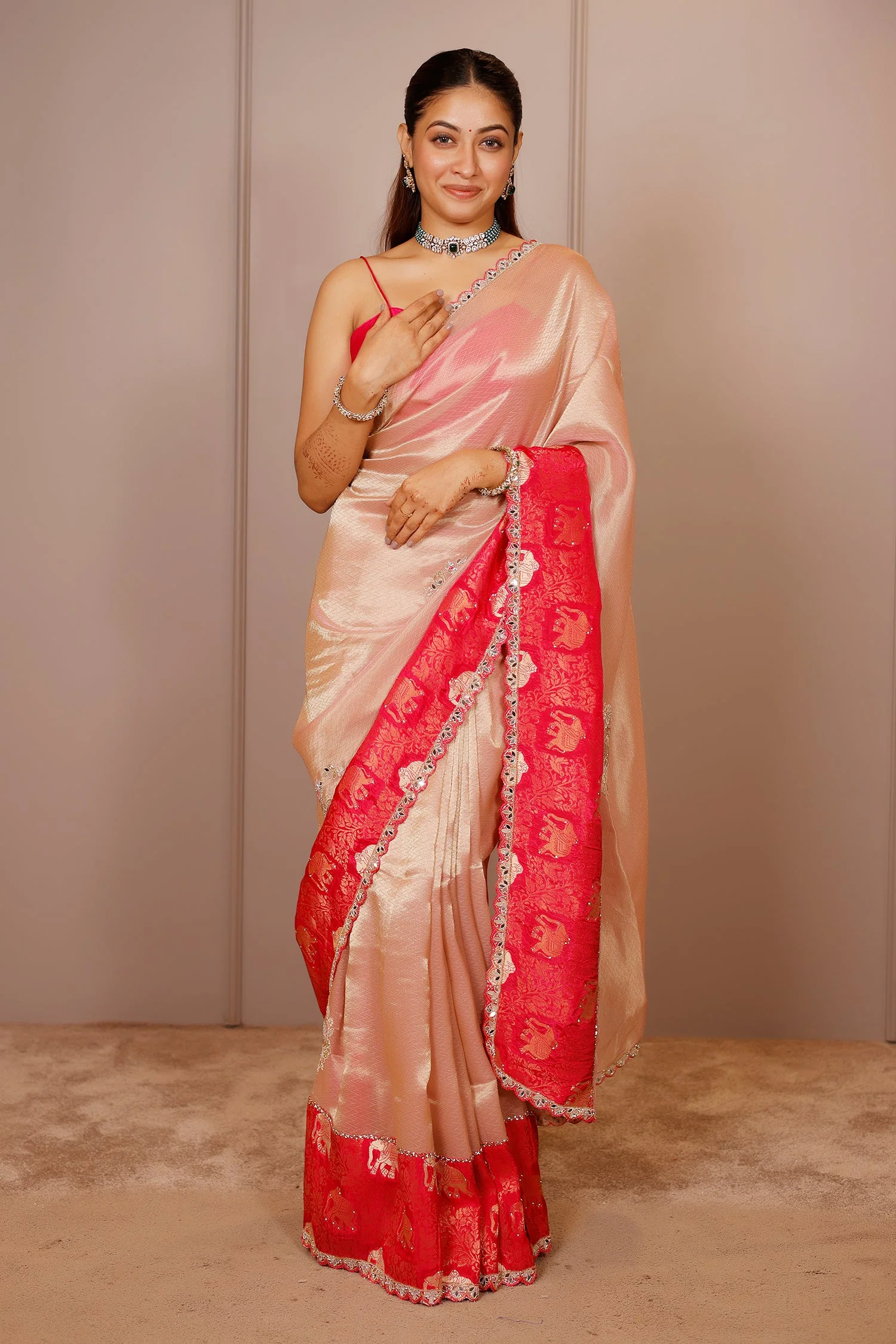 Light Pink Tissue Silk Saree with Woven Border and Cutdana Mirror Applique Work - Image 2