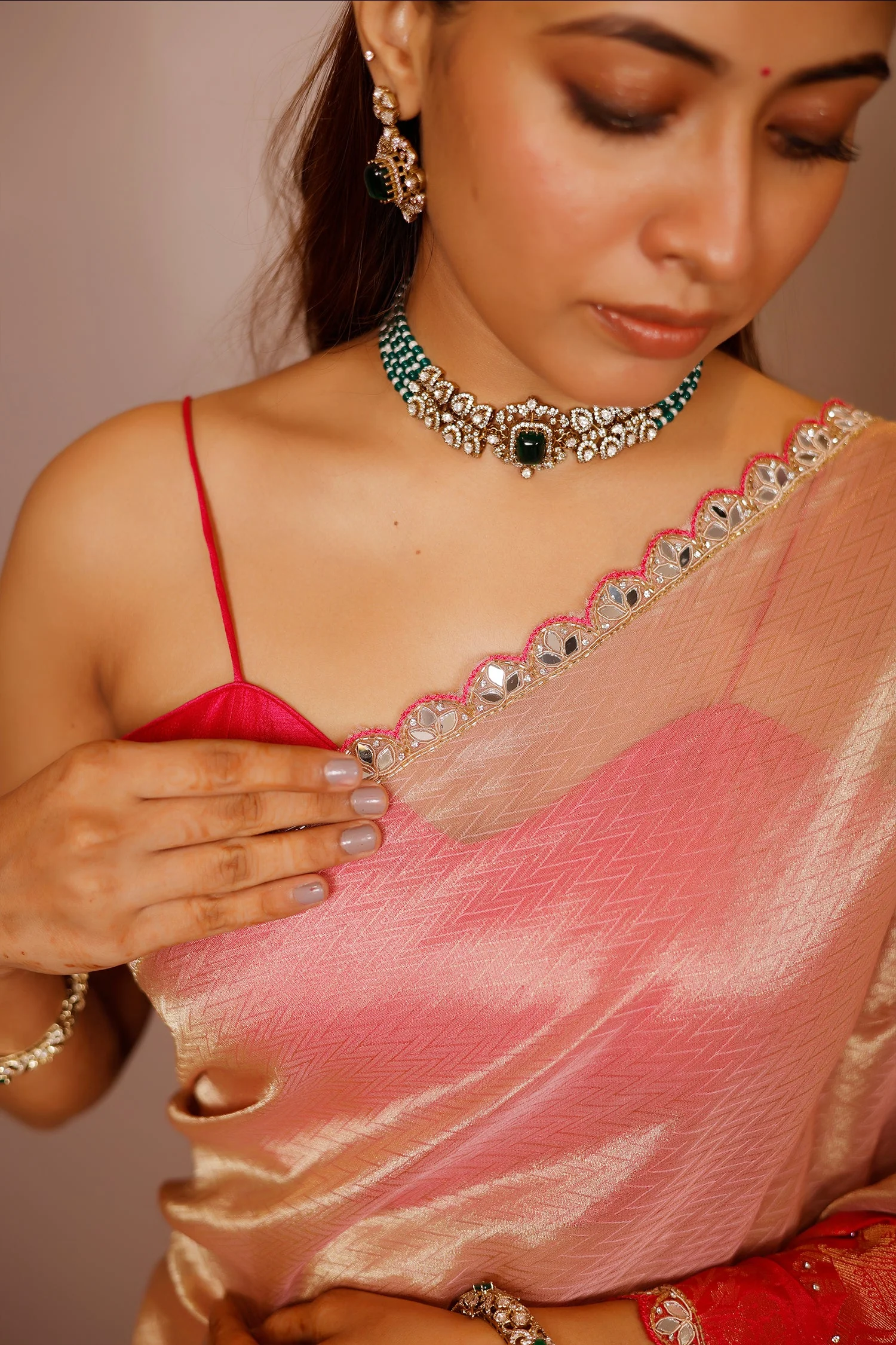 Light Pink Tissue Silk Saree with Woven Border and Cutdana Mirror Applique Work - Image 4