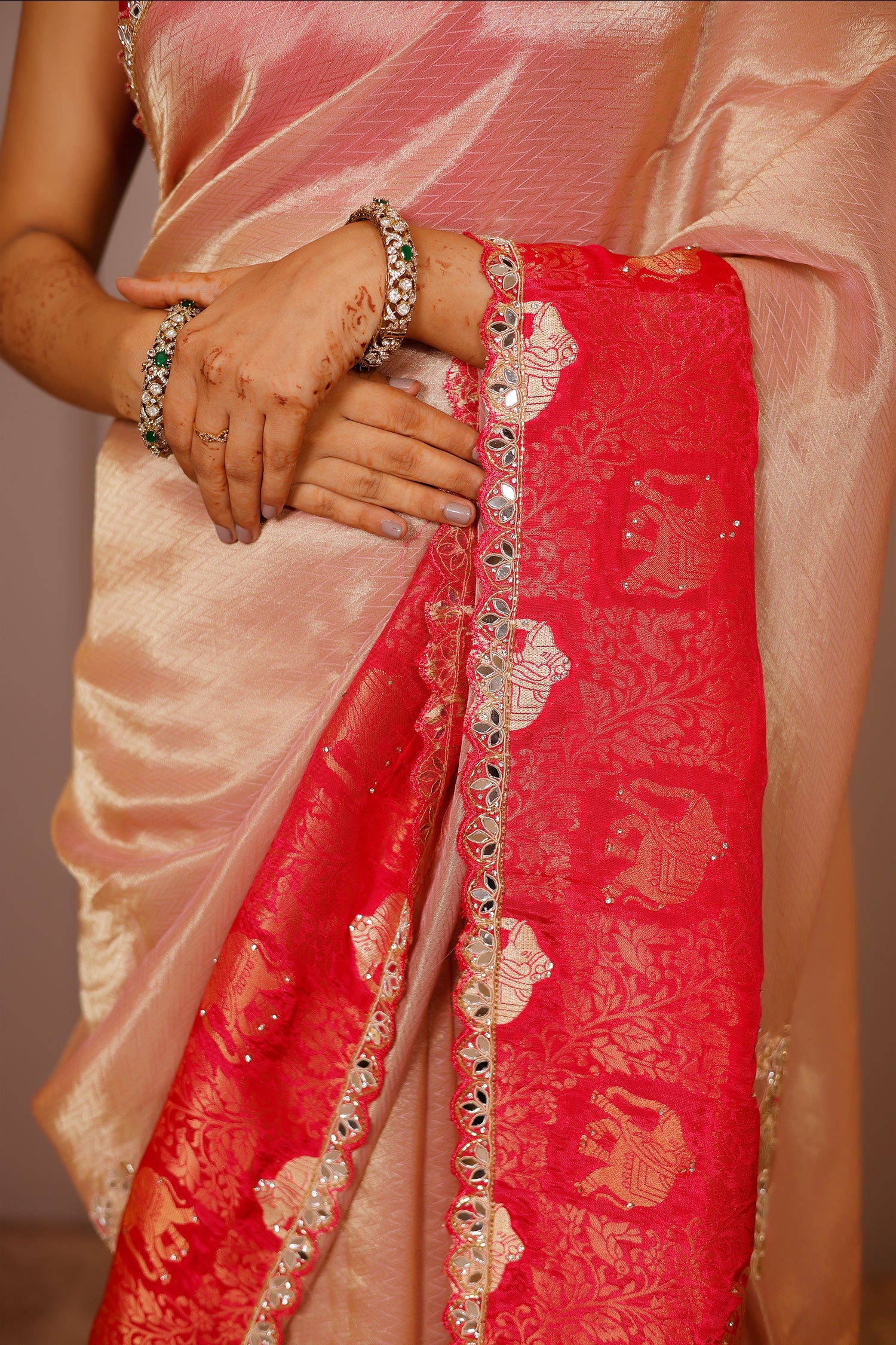 Light Pink Tissue Silk Saree with Woven Border and Cutdana Mirror Applique Work - Image 5