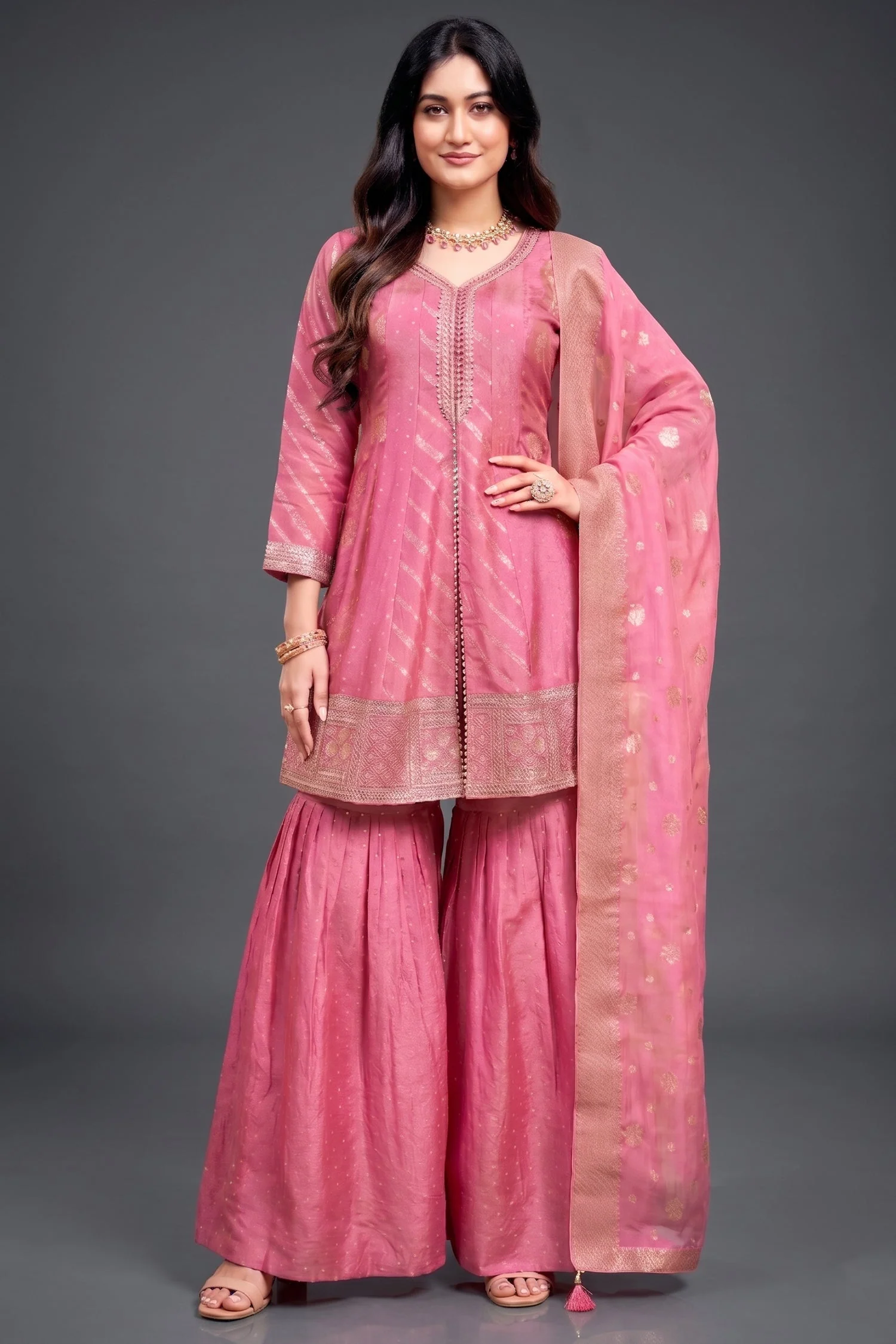 Light Pink Tissue Silk Woven Sharara Suit