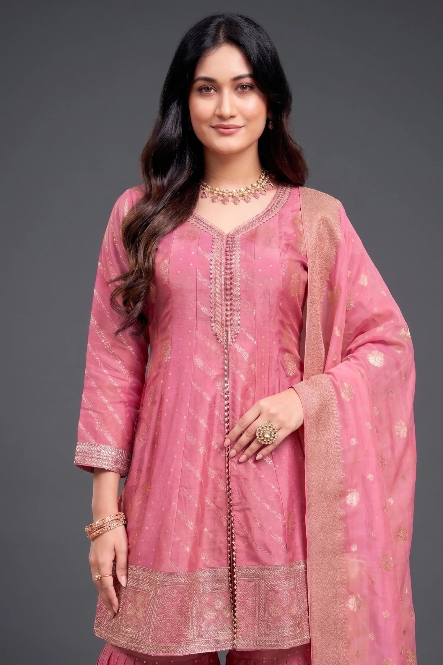 Light Pink Tissue Silk Woven Sharara Suit - Image 2