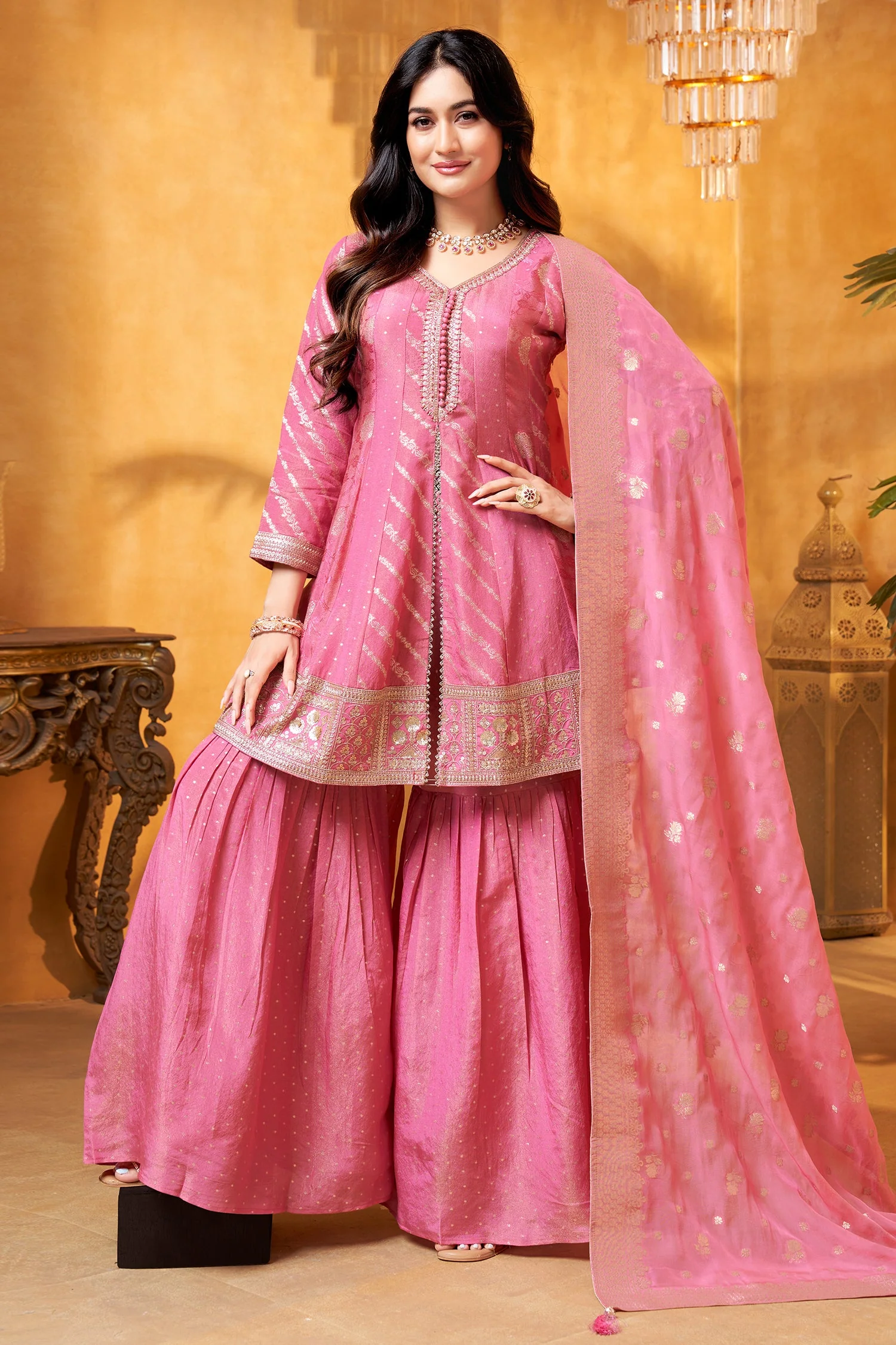 Light Pink Tissue Silk Woven Sharara Suit - Image 3