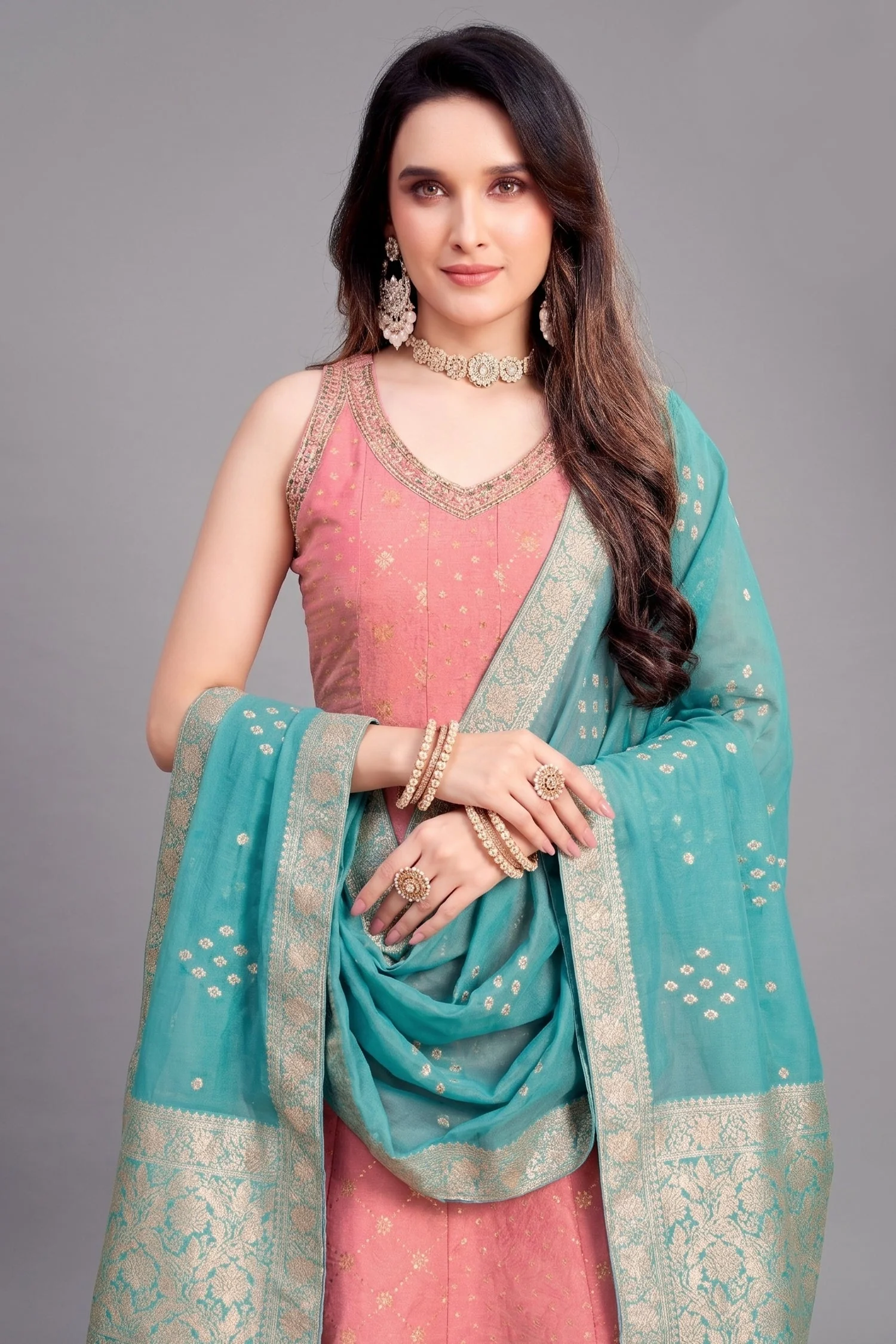 Light Pink Tissue Woven and Sequin Worked Anarkali Suit - Image 2