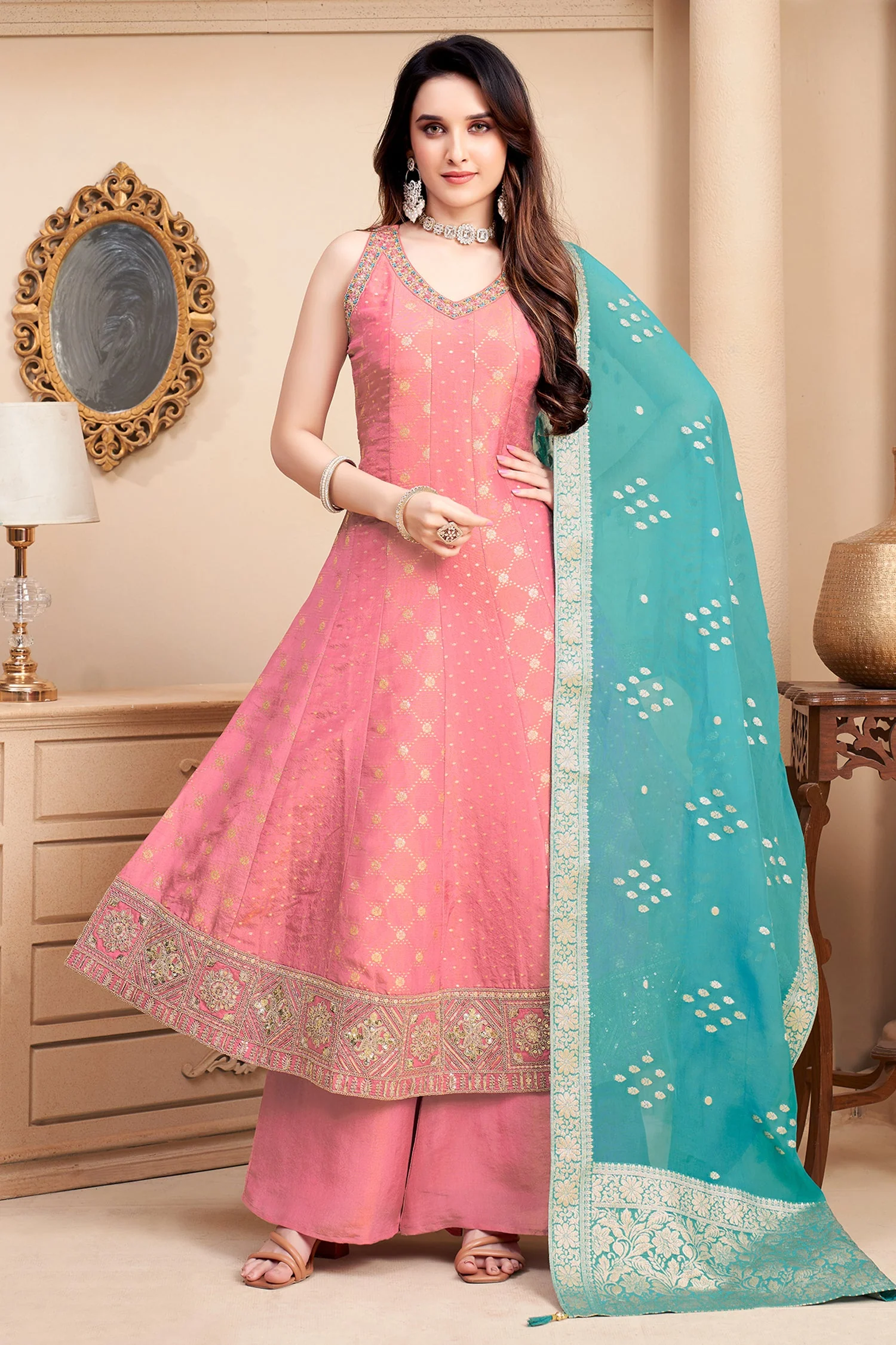 Light Pink Tissue Woven and Sequin Worked Anarkali Suit - Image 3