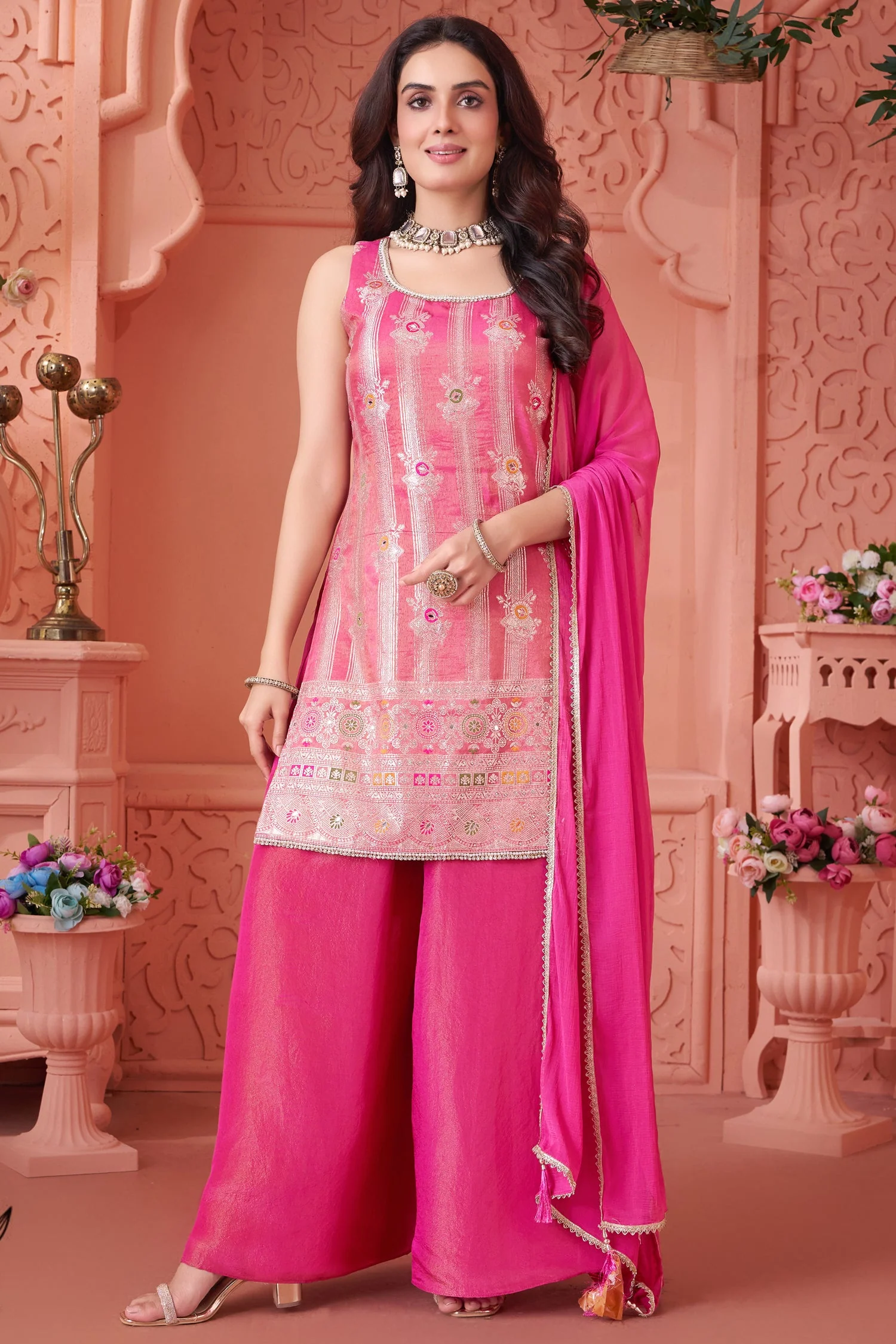Light Pink Tissue Woven Straight Cut Palazzo Suit - Image 3