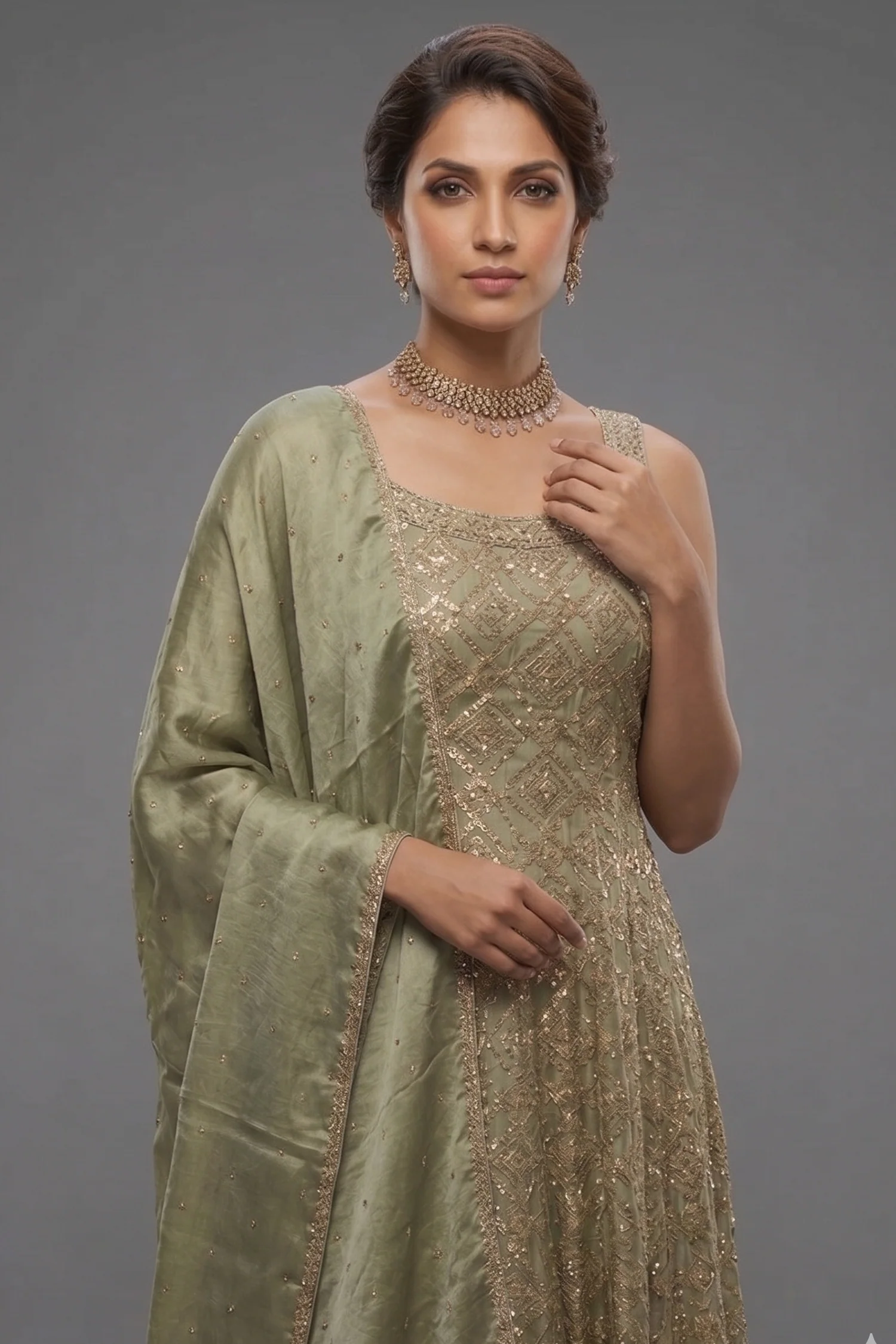 Light Pista Green Chinon Tissue Woven Anarkali Palazzo Suit - Image 2