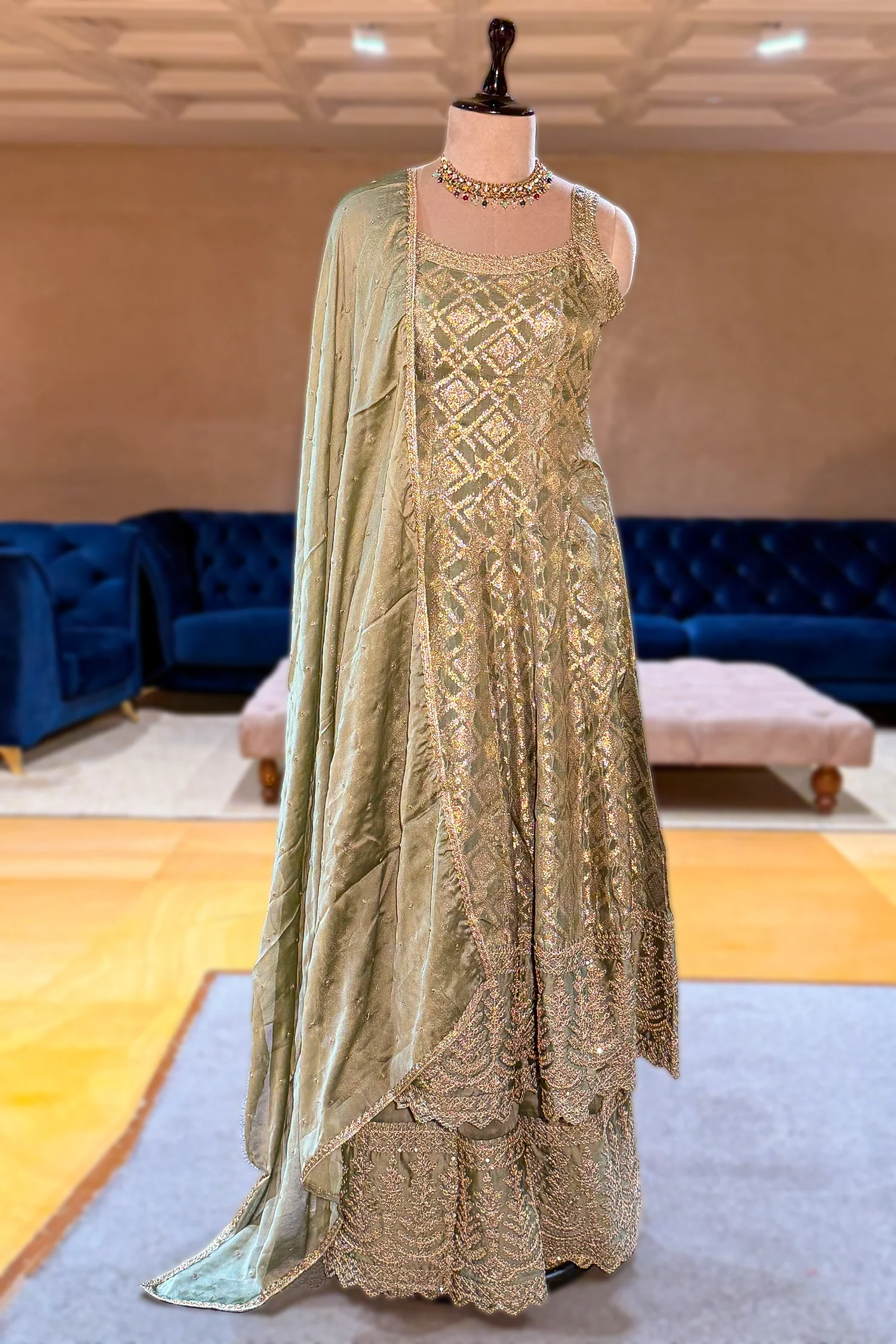 Light Pista Green Chinon Tissue Woven Anarkali Palazzo Suit - Image 3