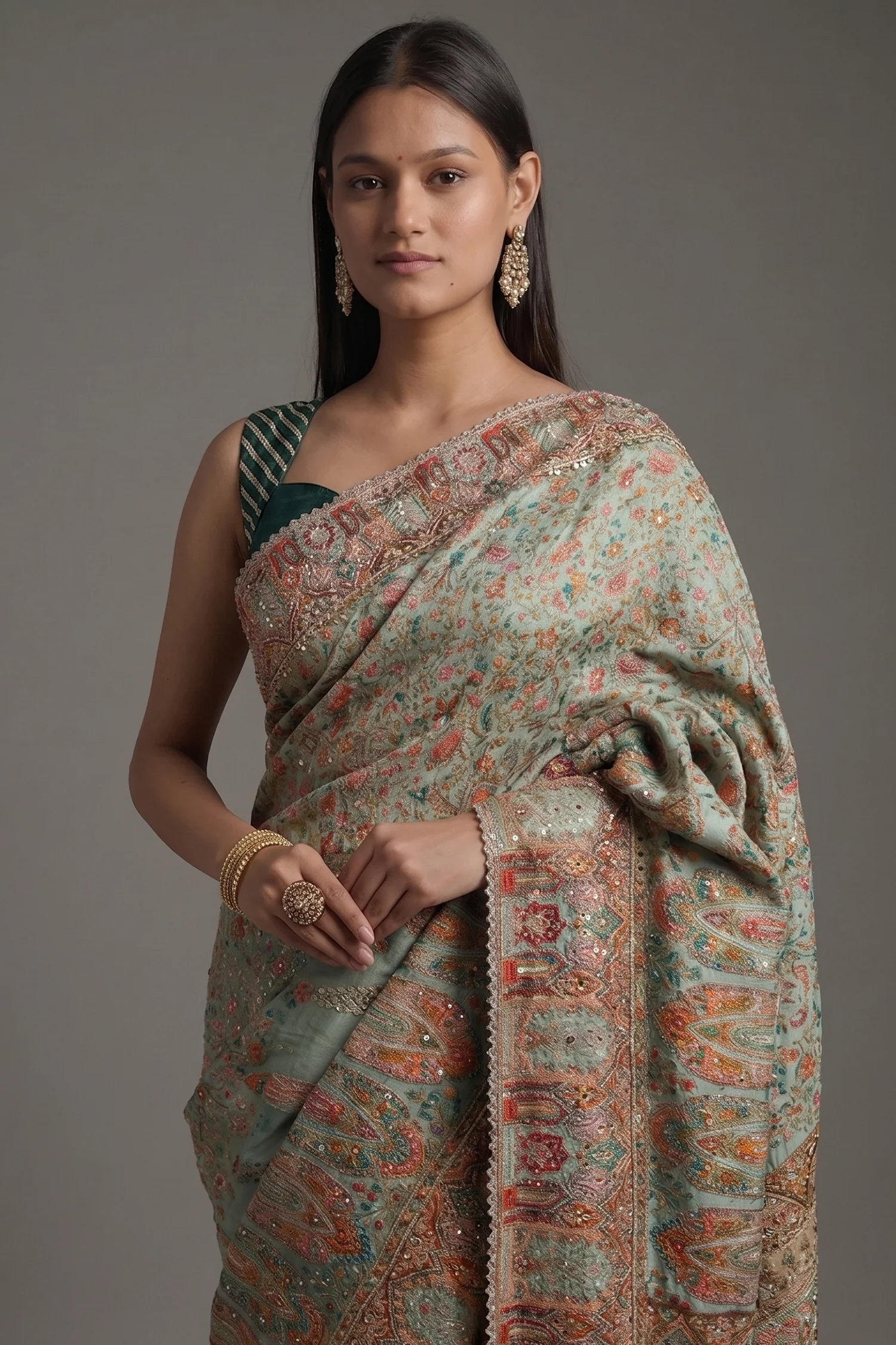 Light Pista Green Modal Silk Pashmina Saree with Mirror and Bead Work - Image 2