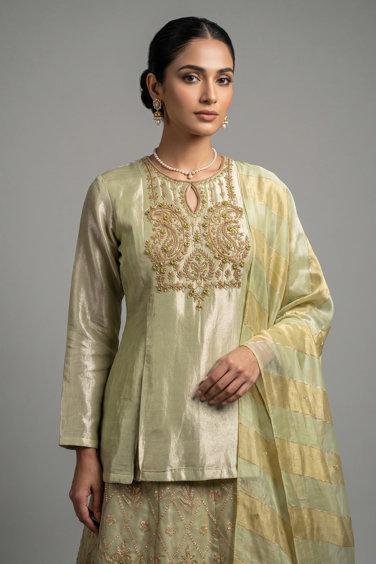 Light Pista Green Tissue Lehenga with Zardosi Worked Long Top - Image 2