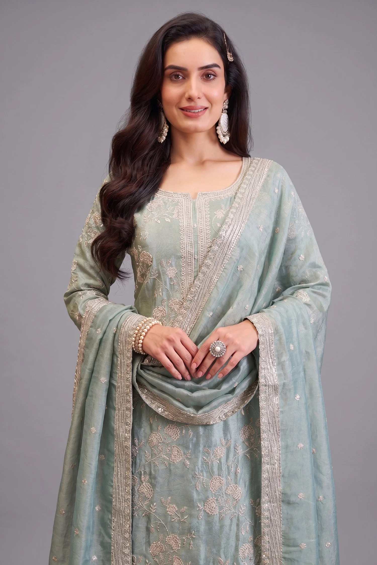 Light Pista Green Tissue Thread Embroidered Straight Cut Suit - Image 2