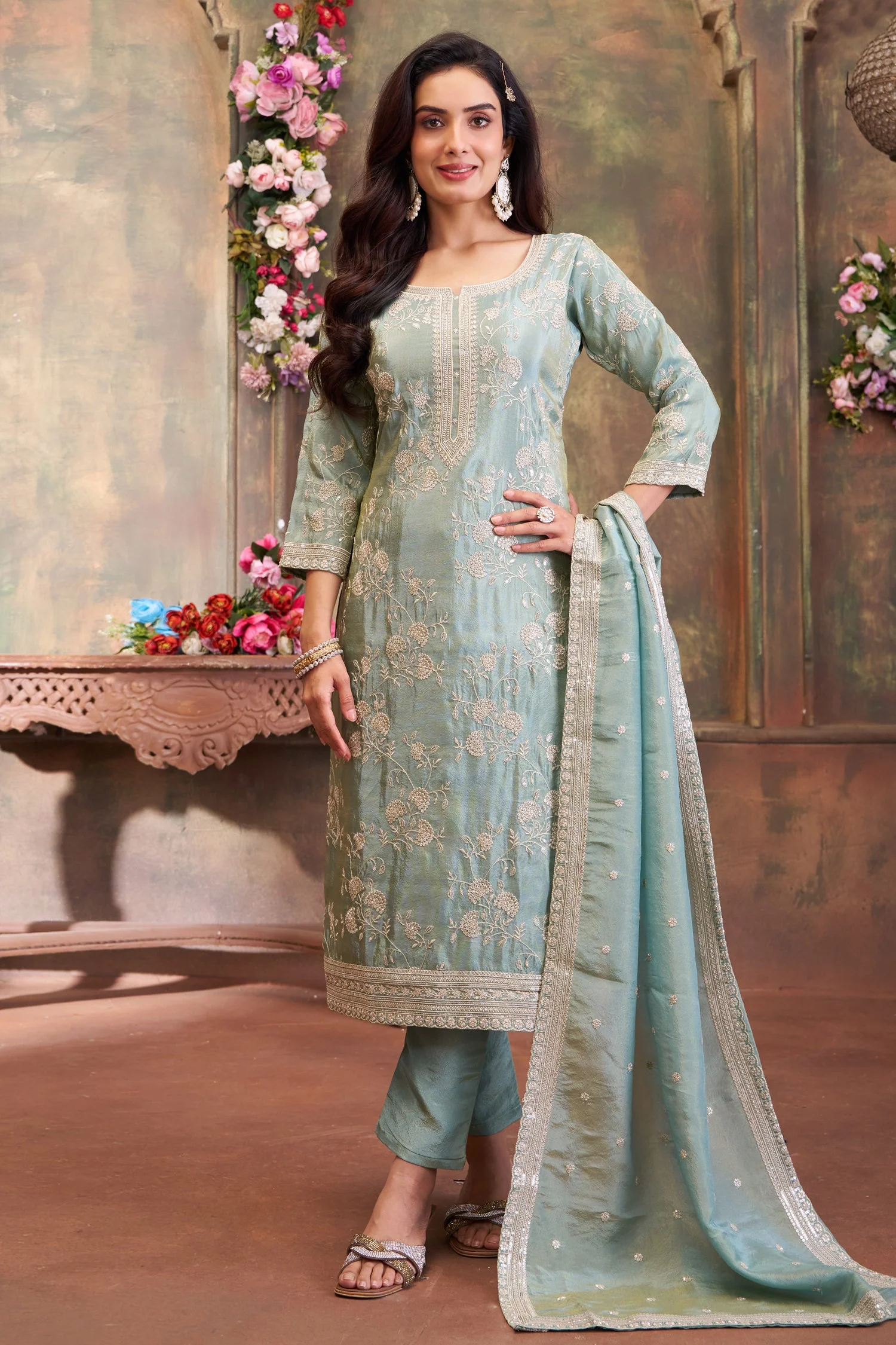 Light Pista Green Tissue Thread Embroidered Straight Cut Suit - Image 3