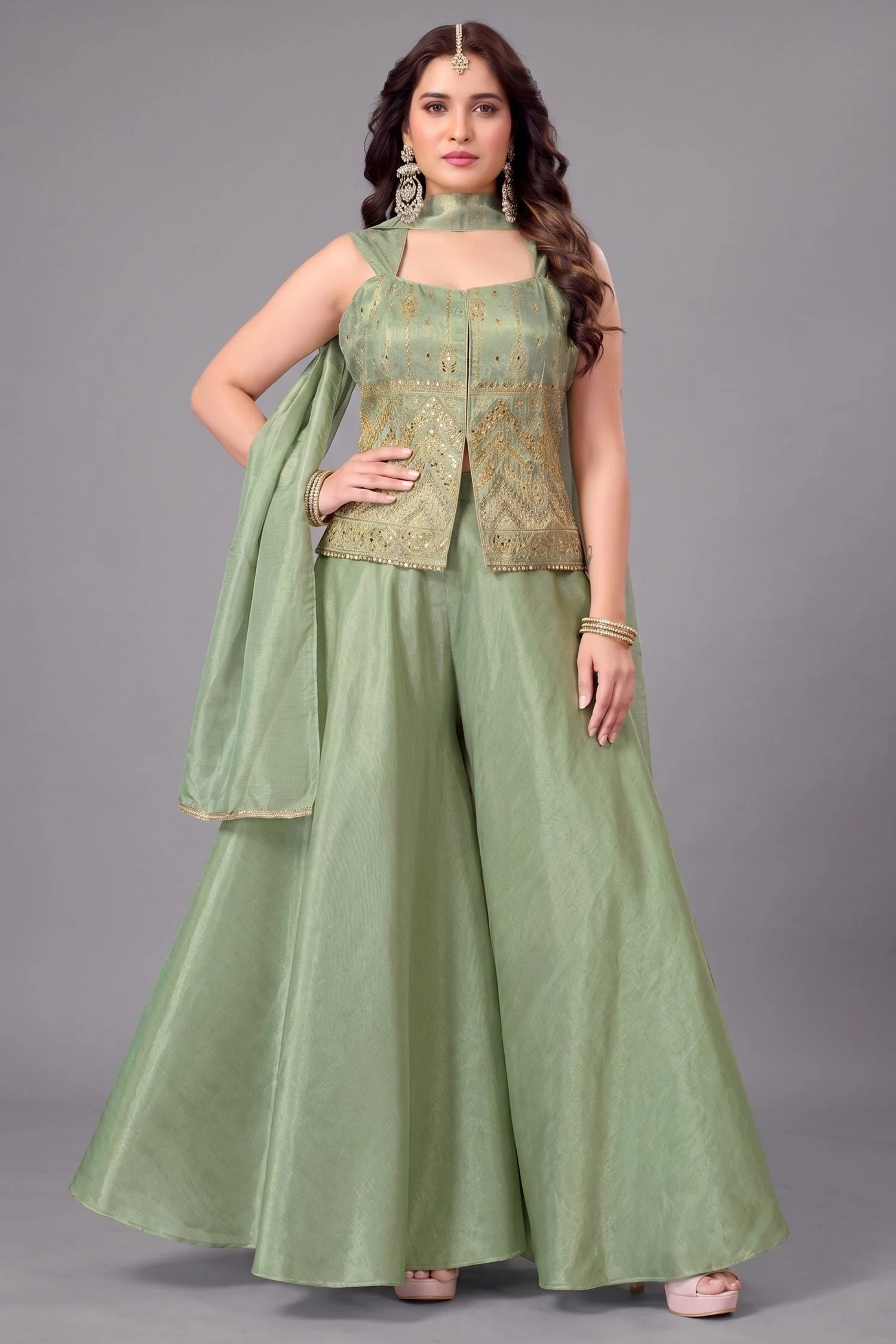 Light Pista Green Tissue Woven Palazzo Suit with Woven Applique Work