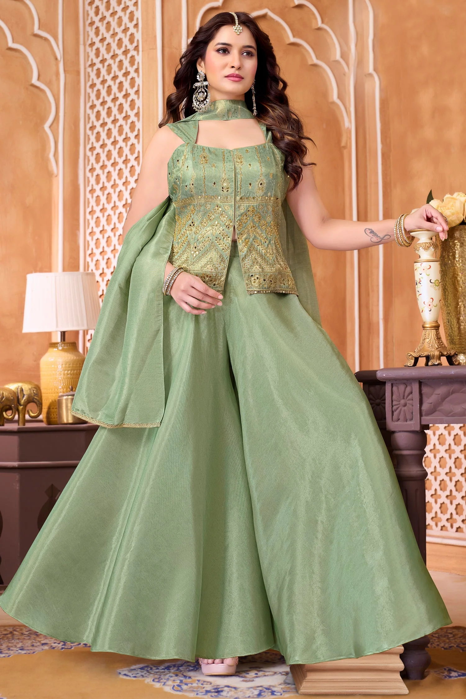 Light Pista Green Tissue Woven Palazzo Suit with Woven Applique Work - Image 3