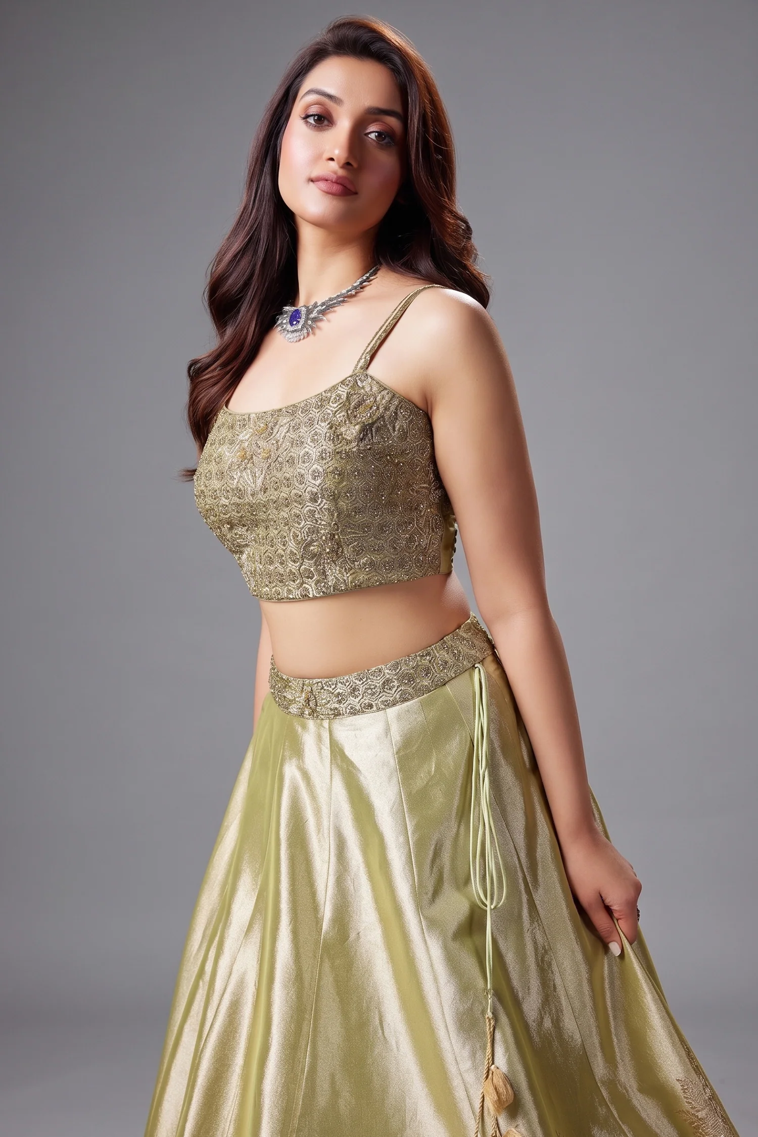 Light Pista Green Tissue Zari Woven Lehenga with Beaded Zardosi Worked Blouse - Image 2