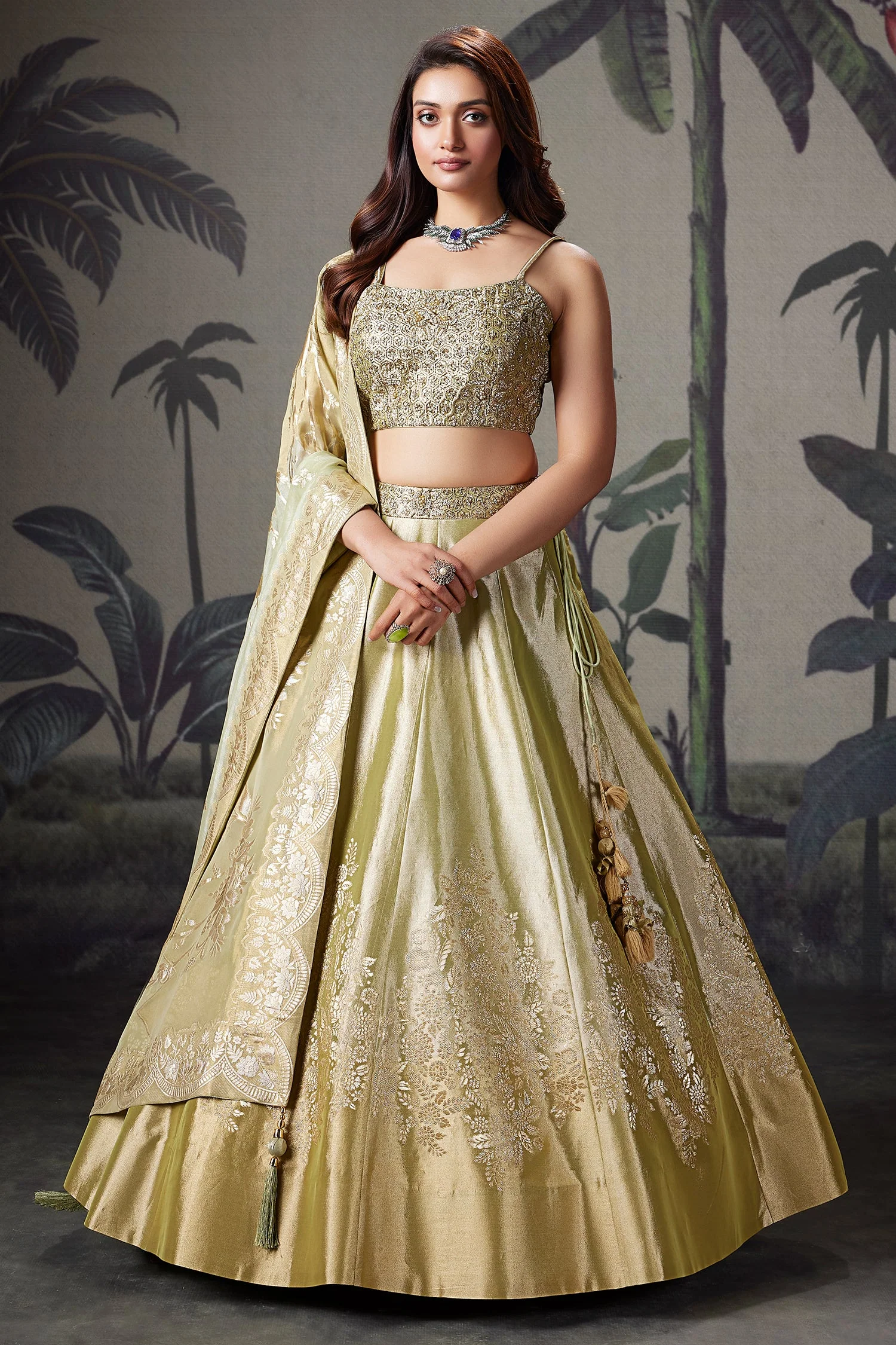 Light Pista Green Tissue Zari Woven Lehenga with Beaded Zardosi Worked Blouse - Image 3