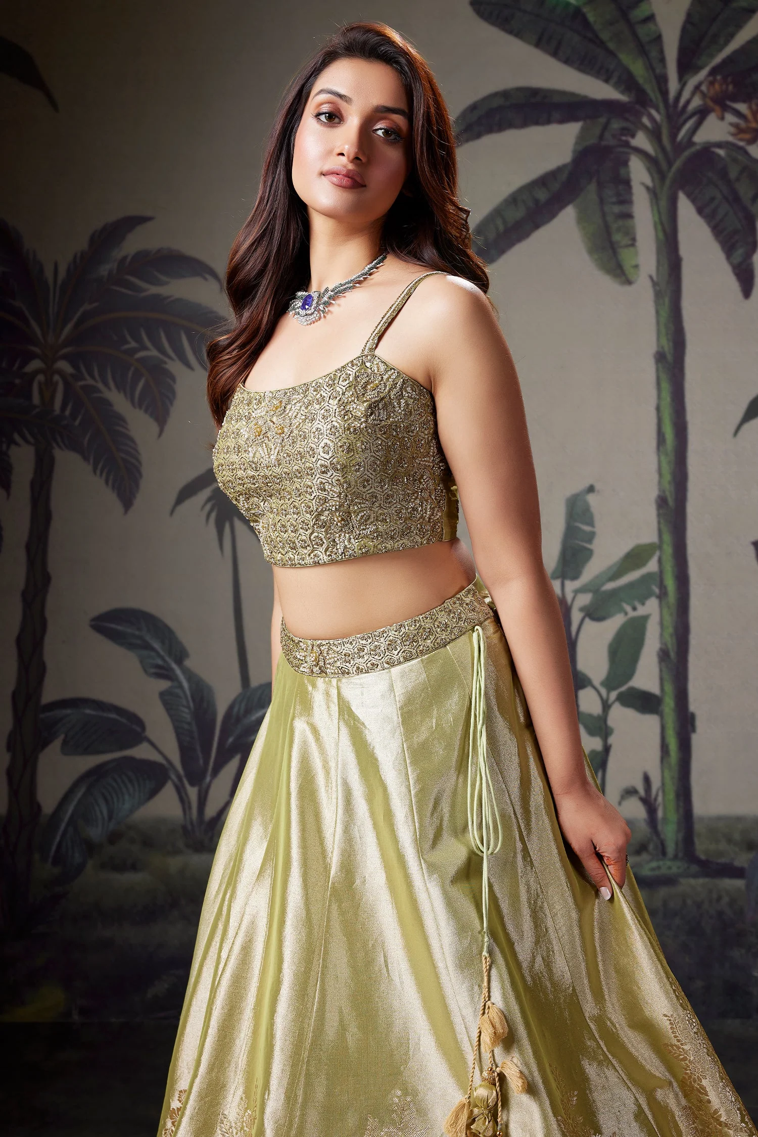 Light Pista Green Tissue Zari Woven Lehenga with Beaded Zardosi Worked Blouse - Image 4
