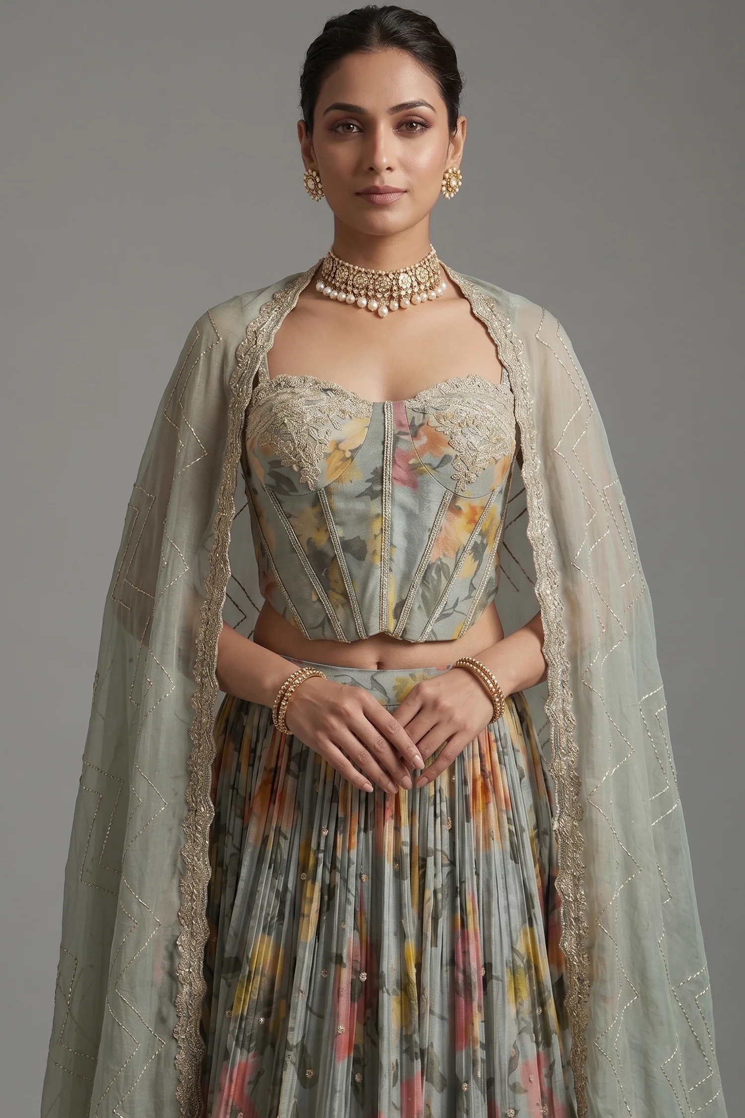 Light Sage Green Chinon Chiffon Silk Digital Floral Printed Corset Lehenga - Image 2