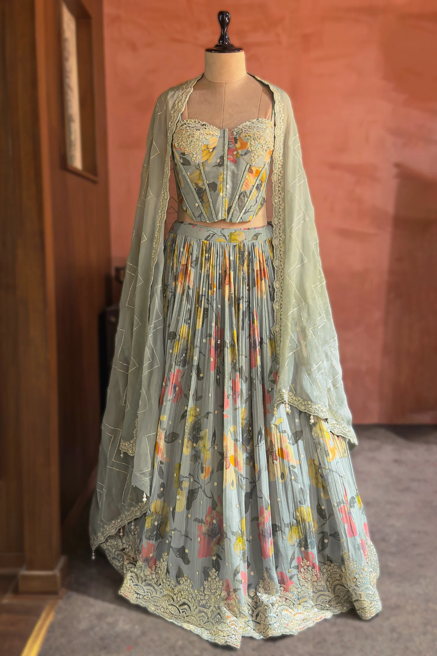 Light Sage Green Chinon Chiffon Silk Digital Floral Printed Corset Lehenga - Image 3