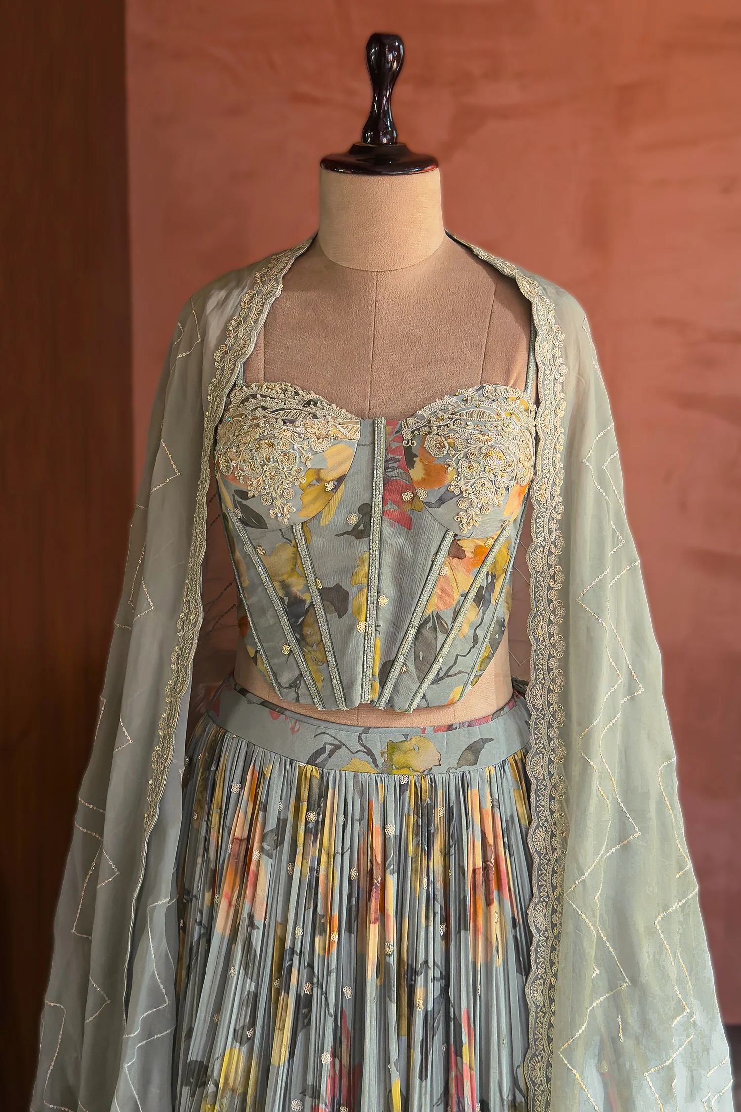 Light Sage Green Chinon Chiffon Silk Digital Floral Printed Corset Lehenga - Image 4