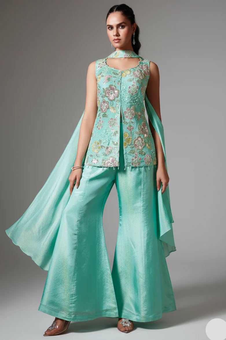 Light Sea Green Tissue Silk Sequins Cutdana Work Floral Motif Palazzo Suit