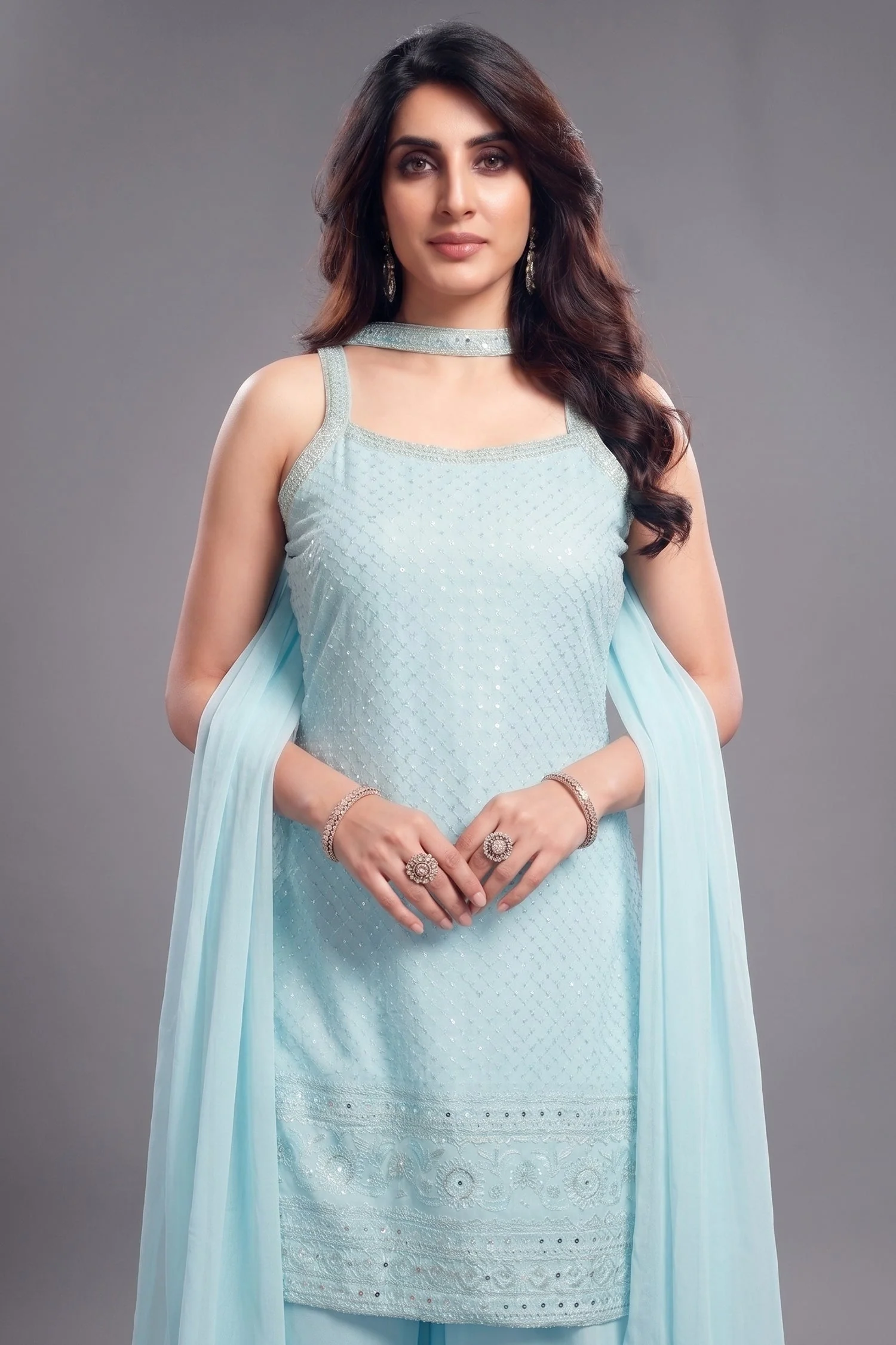 Light Sky Blue Georgette Lucknowi Worked Palazzo Suit - Image 2