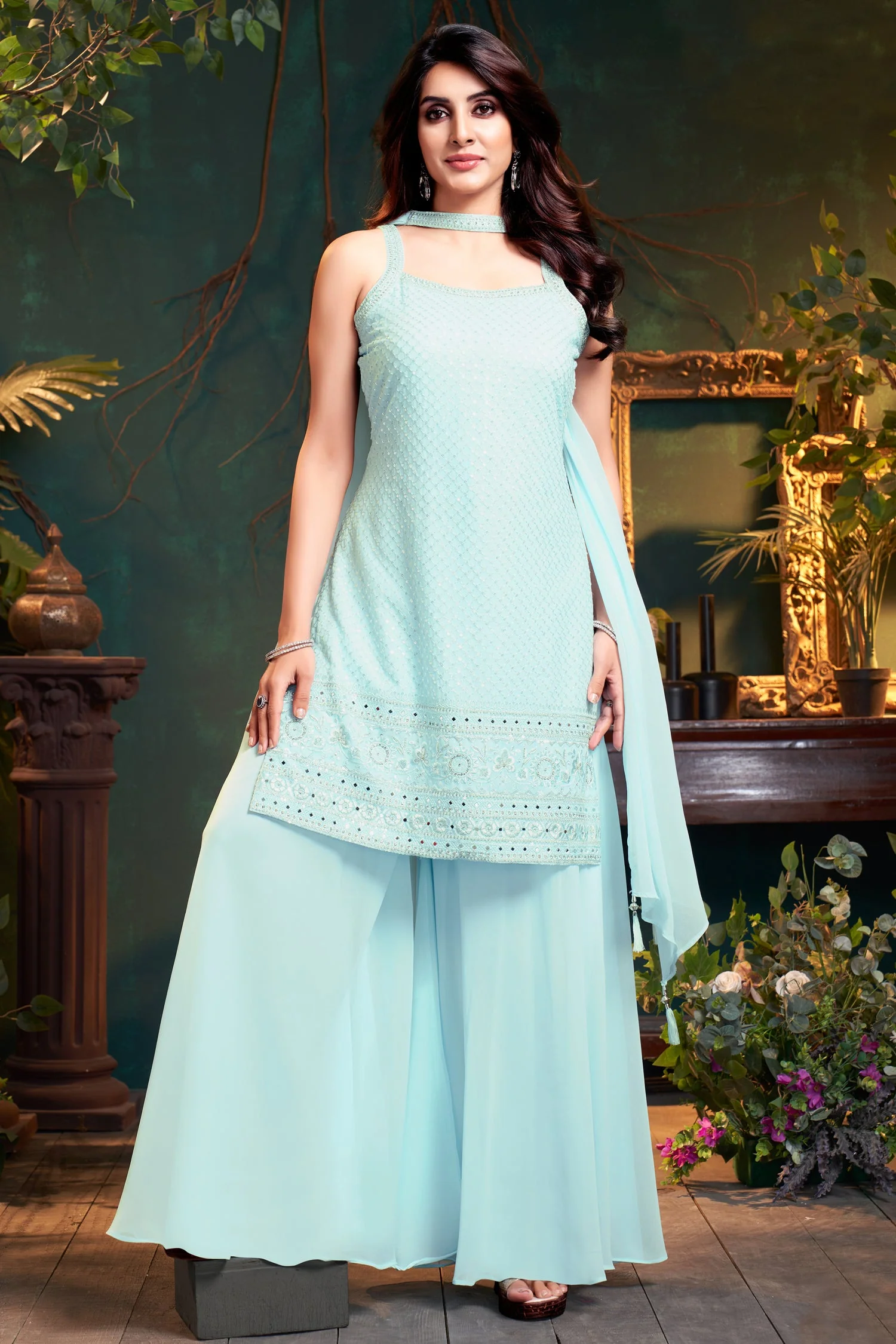 Light Sky Blue Georgette Lucknowi Worked Palazzo Suit - Image 3