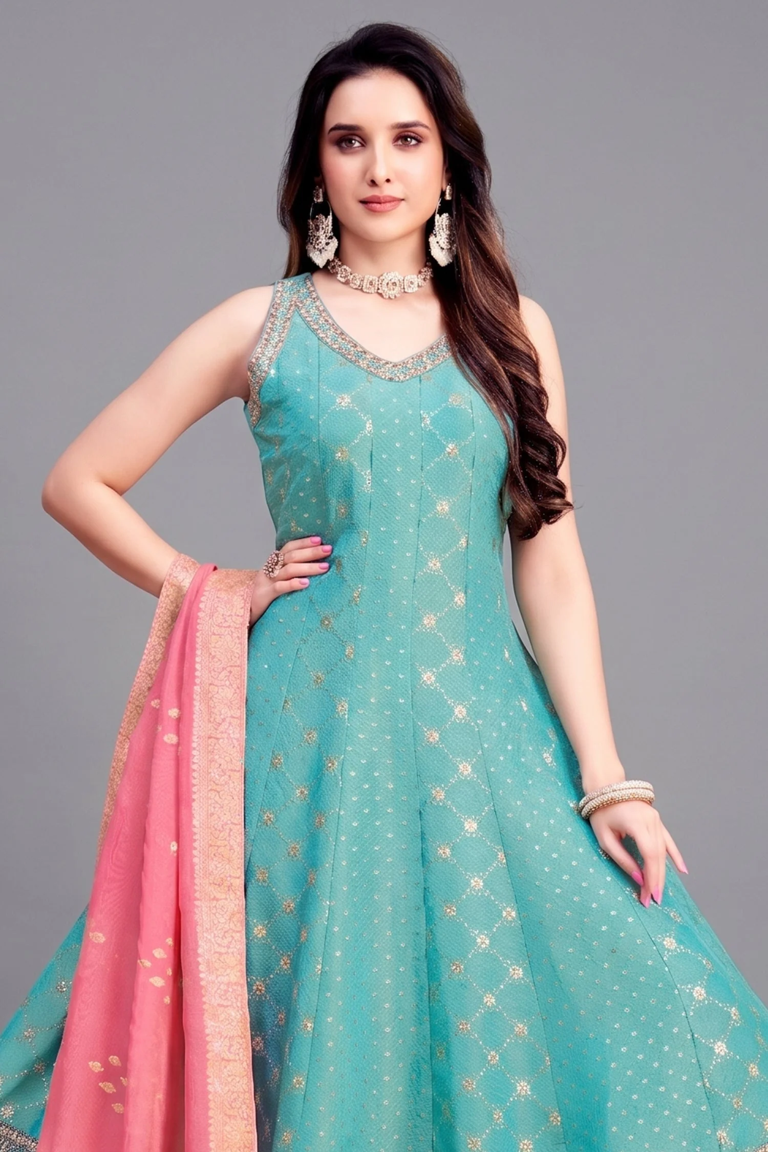 Light Sky Blue Tissue Woven and Sequin Worked Anarkali Suit - Image 2