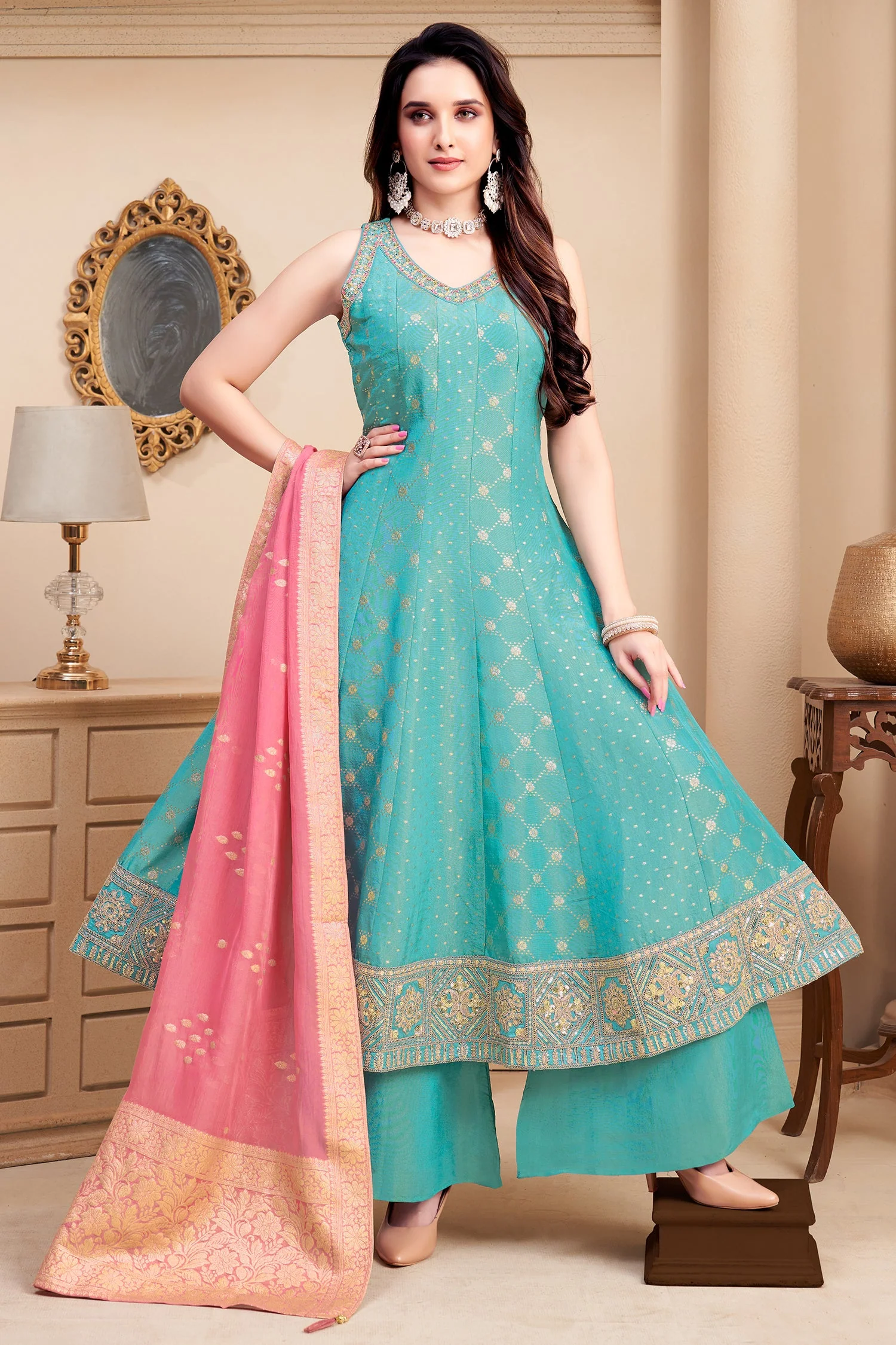 Light Sky Blue Tissue Woven and Sequin Worked Anarkali Suit - Image 3