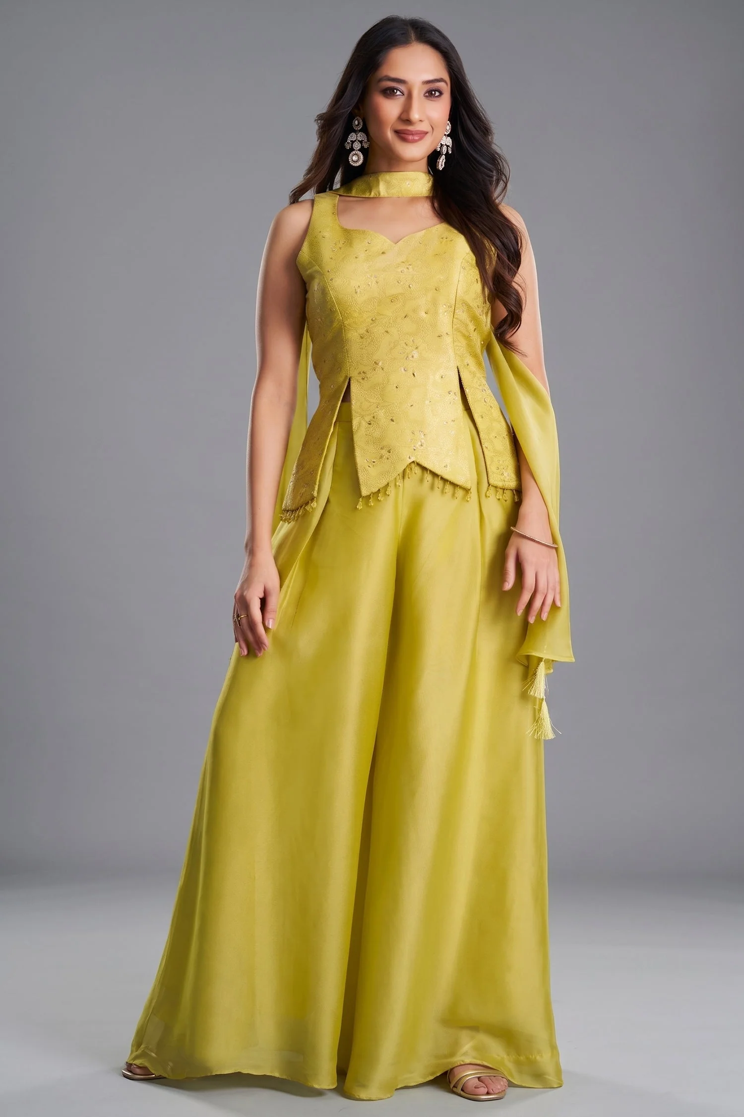 Light Yellow Art Silk Asymmetrical Top and Palazzo Suit
