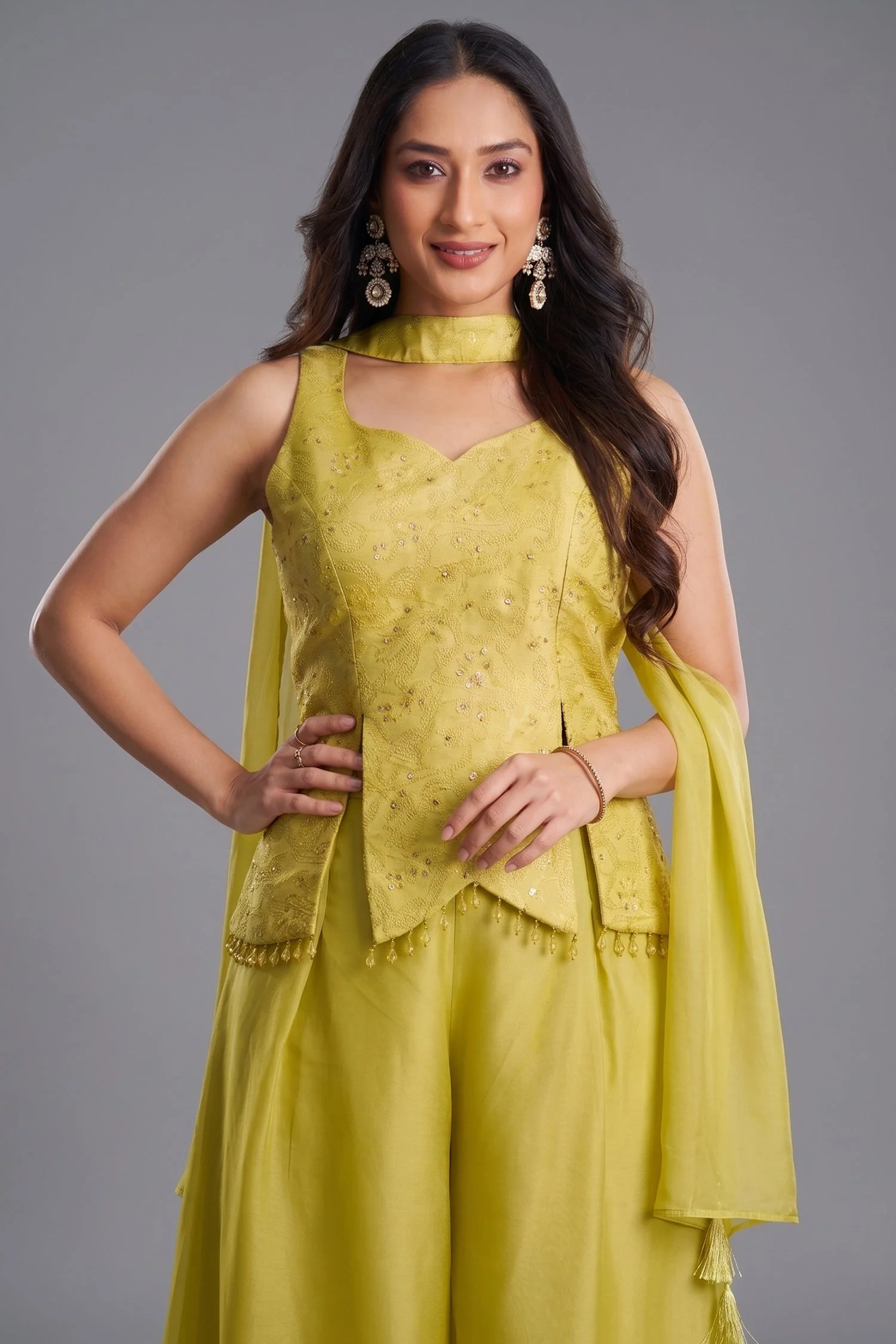 Light Yellow Art Silk Asymmetrical Top and Palazzo Suit - Image 2