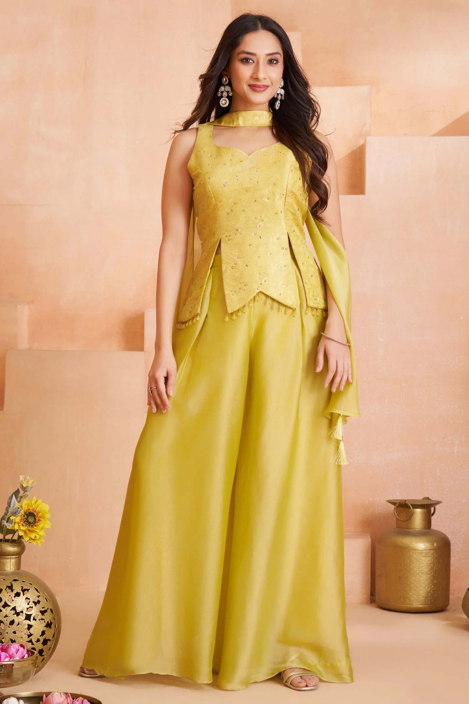 Light Yellow Art Silk Asymmetrical Top and Palazzo Suit - Image 3