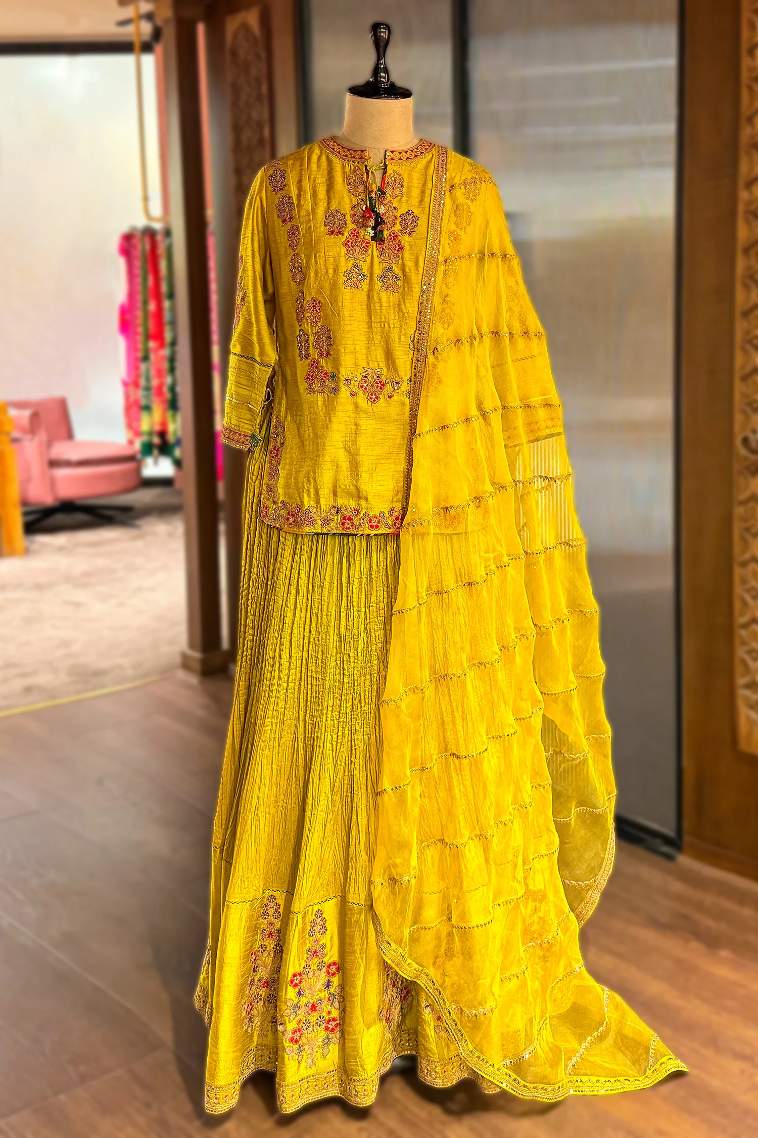 Light Yellow Chanderi Silk Sequin Embroidered Lehenga Set - Image 3